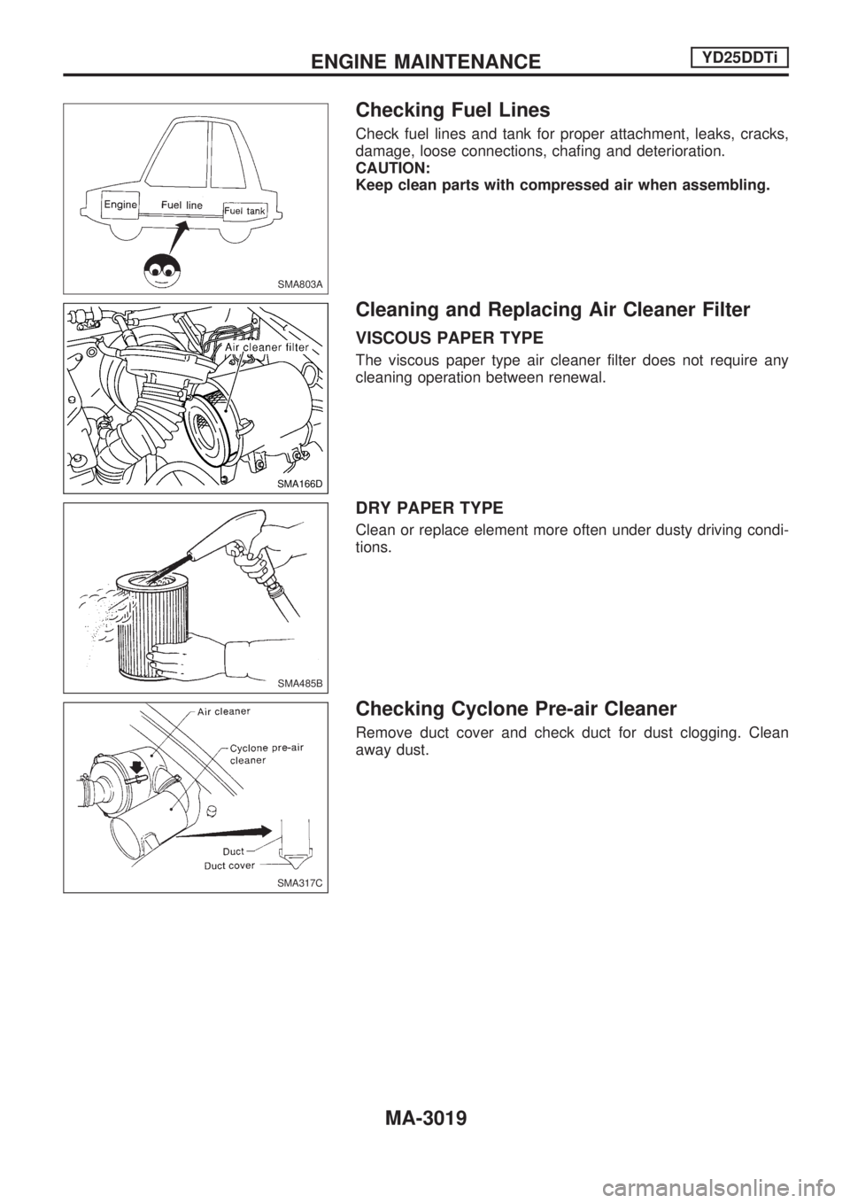 NISSAN PICK-UP 2001 Repair Manual Checking Fuel Lines
Check fuel lines and tank for proper attachment, leaks, cracks,
damage, loose connections, chafing and deterioration.
CAUTION:
Keep clean parts with compressed air when assembling. NISSAN PICK-UP 2001 Repair Manual Checking Fuel Lines
Check fuel lines and tank for proper attachment, leaks, cracks,
damage, loose connections, chafing and deterioration.
CAUTION:
Keep clean parts with compressed air when assembling.
