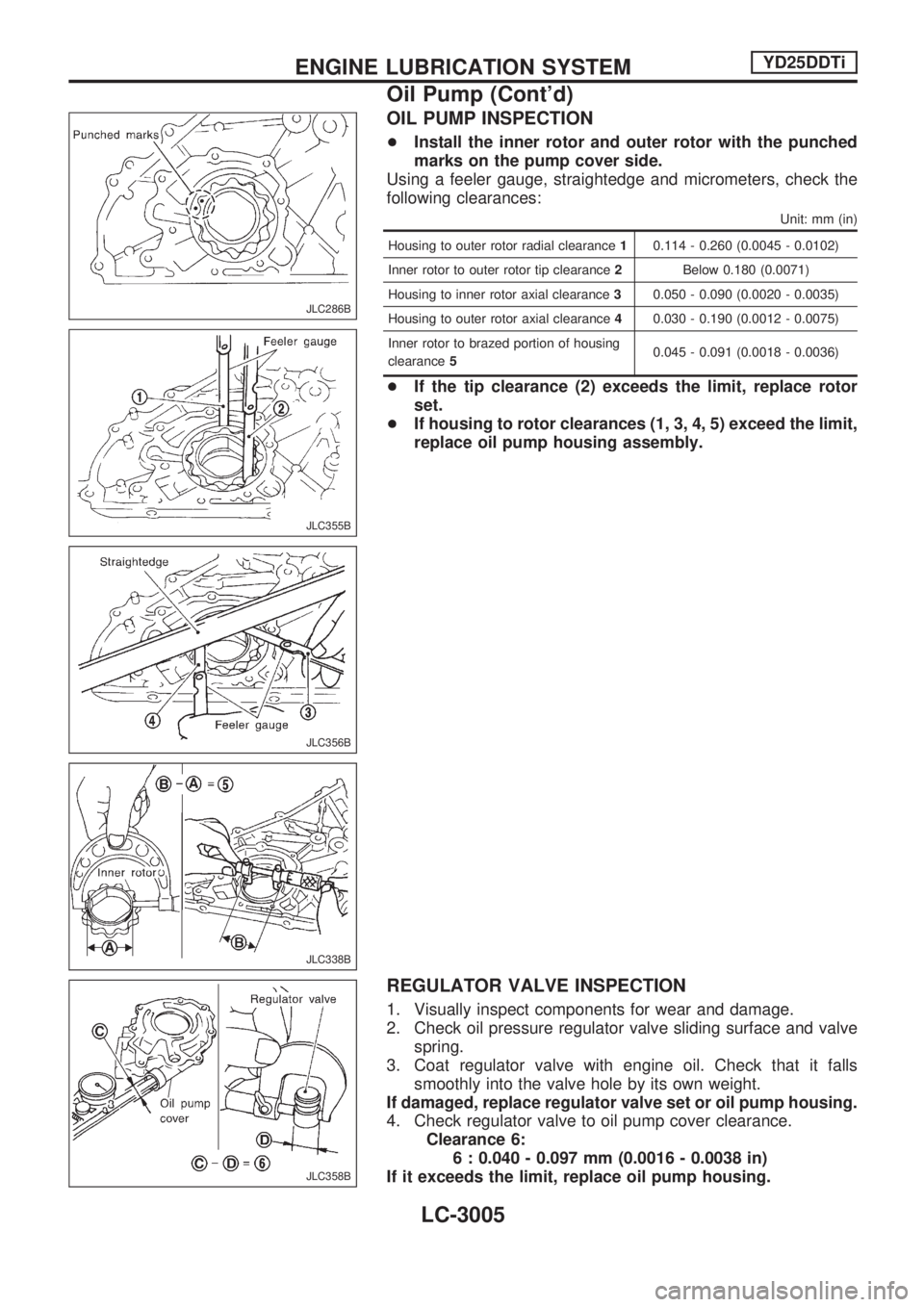 NISSAN PICK-UP 2001 Repair Manual OIL PUMP INSPECTION
+Install the inner rotor and outer rotor with the punched
marks on the pump cover side.
Using a feeler gauge, straightedge and micrometers, check the
following clearances:
Unit: mm NISSAN PICK-UP 2001 Repair Manual OIL PUMP INSPECTION
+Install the inner rotor and outer rotor with the punched
marks on the pump cover side.
Using a feeler gauge, straightedge and micrometers, check the
following clearances:
Unit: mm