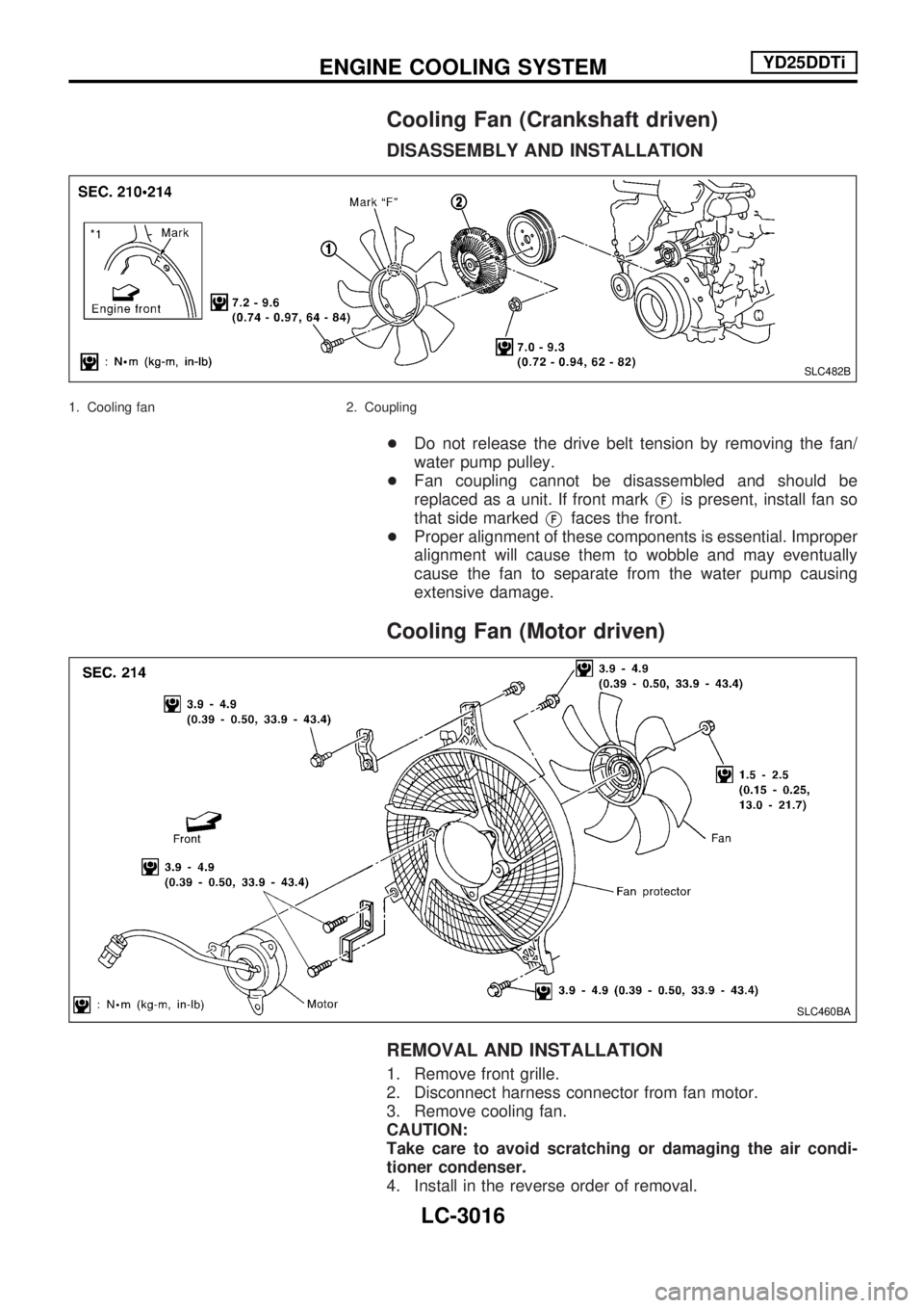 NISSAN PICK-UP 2001  Repair Manual Cooling Fan (Crankshaft driven)
DISASSEMBLY AND INSTALLATION
1. Cooling fan 2. Coupling
+Do not release the drive belt tension by removing the fan/
water pump pulley.
+Fan coupling cannot be disassemb