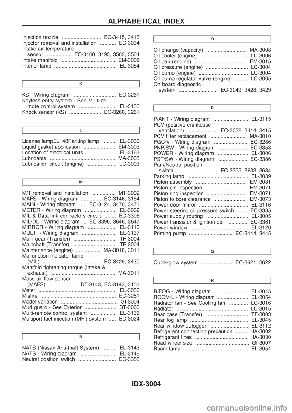 NISSAN PICK-UP 2001  Repair Manual Injection nozzle ........................... EC-3415, 3416
Injector removal and installation ........... EC-3034
Intake air temperature
sensor ................. EC-3160, 3193, 3503, 3504
Intake manifo