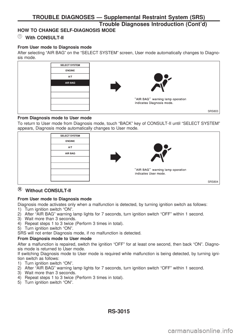NISSAN PICK-UP 2001  Repair Manual HOW TO CHANGE SELF-DIAGNOSIS MODE
With CONSULT-II
From User mode to Diagnosis mode
After selecting ªAIR BAGº on the ªSELECT SYSTEMº screen, User mode automatically changes to Diagno-
sis mode.
Fro