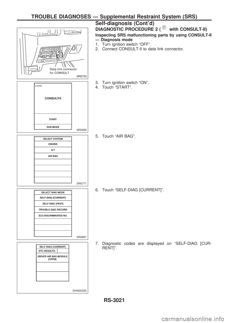 NISSAN PICK-UP 2001  Repair Manual DIAGNOSTIC PROCEDURE 2 (with CONSULT-II)
Inspecting SRS malfunctioning parts by using CONSULT-II
Ð Diagnosis mode
1. Turn ignition switch ªOFFº.
2. Connect CONSULT-II to data link connector.
3. Tur