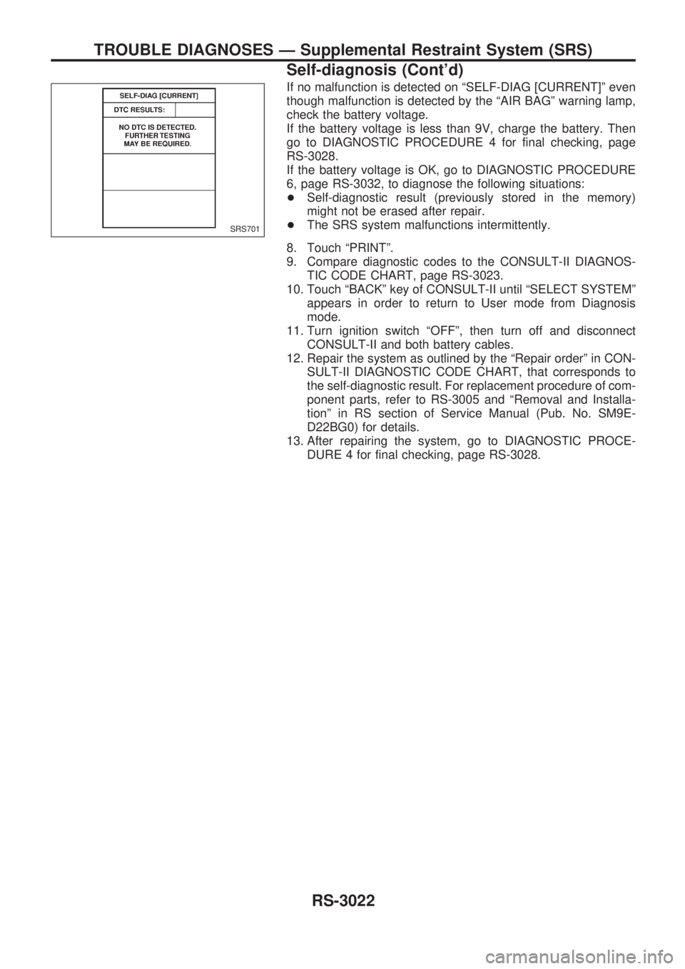 NISSAN PICK-UP 2001  Repair Manual If no malfunction is detected on ªSELF-DIAG [CURRENT]º even
though malfunction is detected by the ªAIR BAGº warning lamp,
check the battery voltage.
If the battery voltage is less than 9V, charge 
