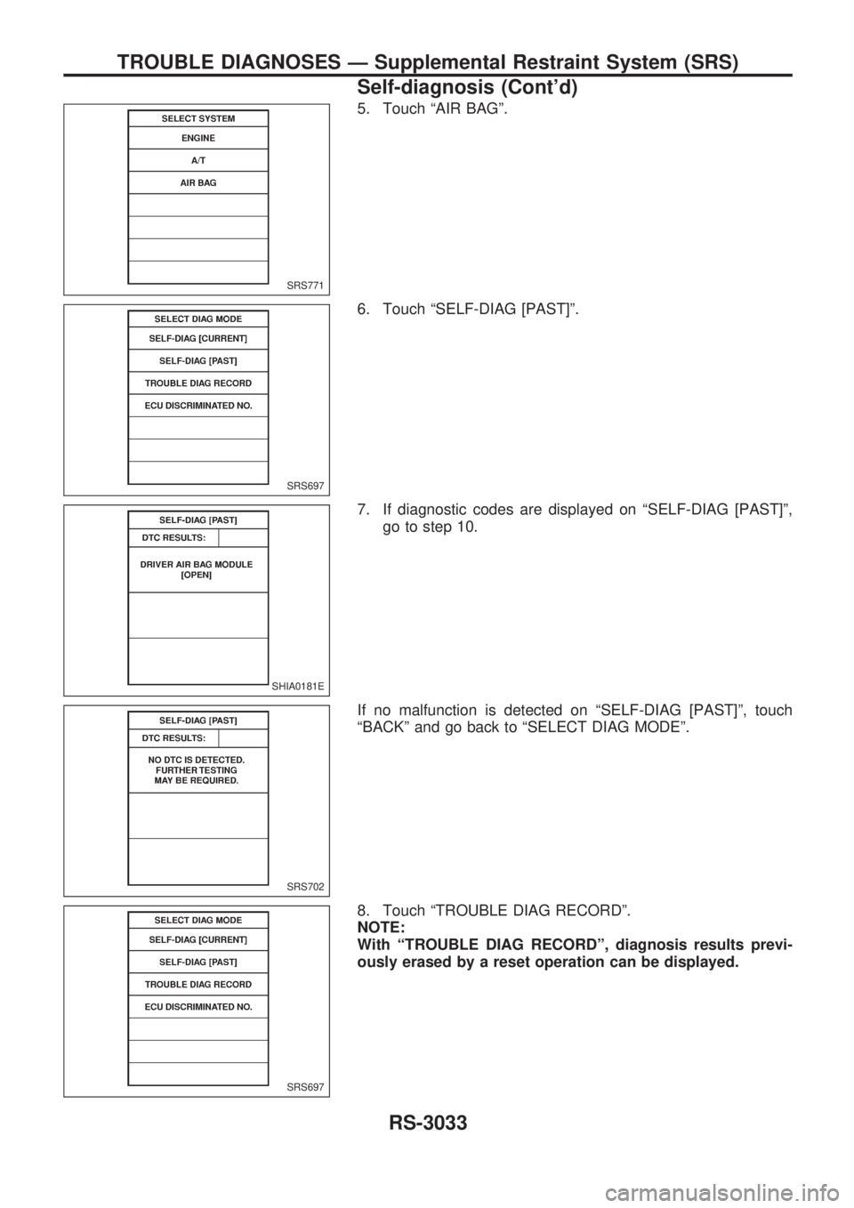 NISSAN PICK-UP 2001  Repair Manual 5. Touch ªAIR BAGº.
6. Touch ªSELF-DIAG [PAST]º.
7. If diagnostic codes are displayed on ªSELF-DIAG [PAST]º,
go to step 10.
If no malfunction is detected on ªSELF-DIAG [PAST]º, touch
ªBACKº 