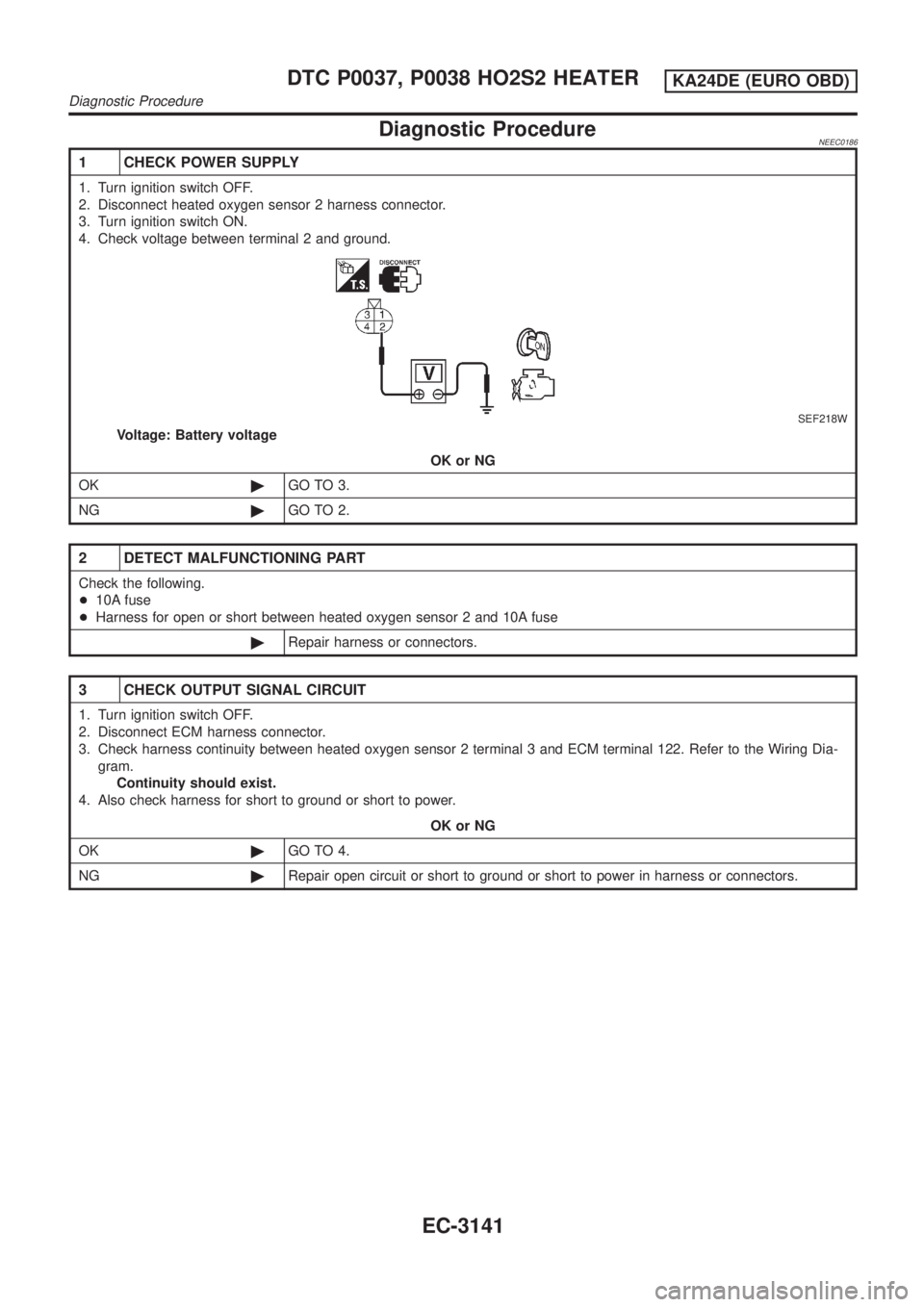 NISSAN PICK-UP 2001 Repair Manual Diagnostic ProcedureNEEC0186
1 CHECK POWER SUPPLY
1. Turn ignition switch OFF.
2. Disconnect heated oxygen sensor 2 harness connector.
3. Turn ignition switch ON.
4. Check voltage between terminal 2 a NISSAN PICK-UP 2001 Repair Manual Diagnostic ProcedureNEEC0186
1 CHECK POWER SUPPLY
1. Turn ignition switch OFF.
2. Disconnect heated oxygen sensor 2 harness connector.
3. Turn ignition switch ON.
4. Check voltage between terminal 2 a