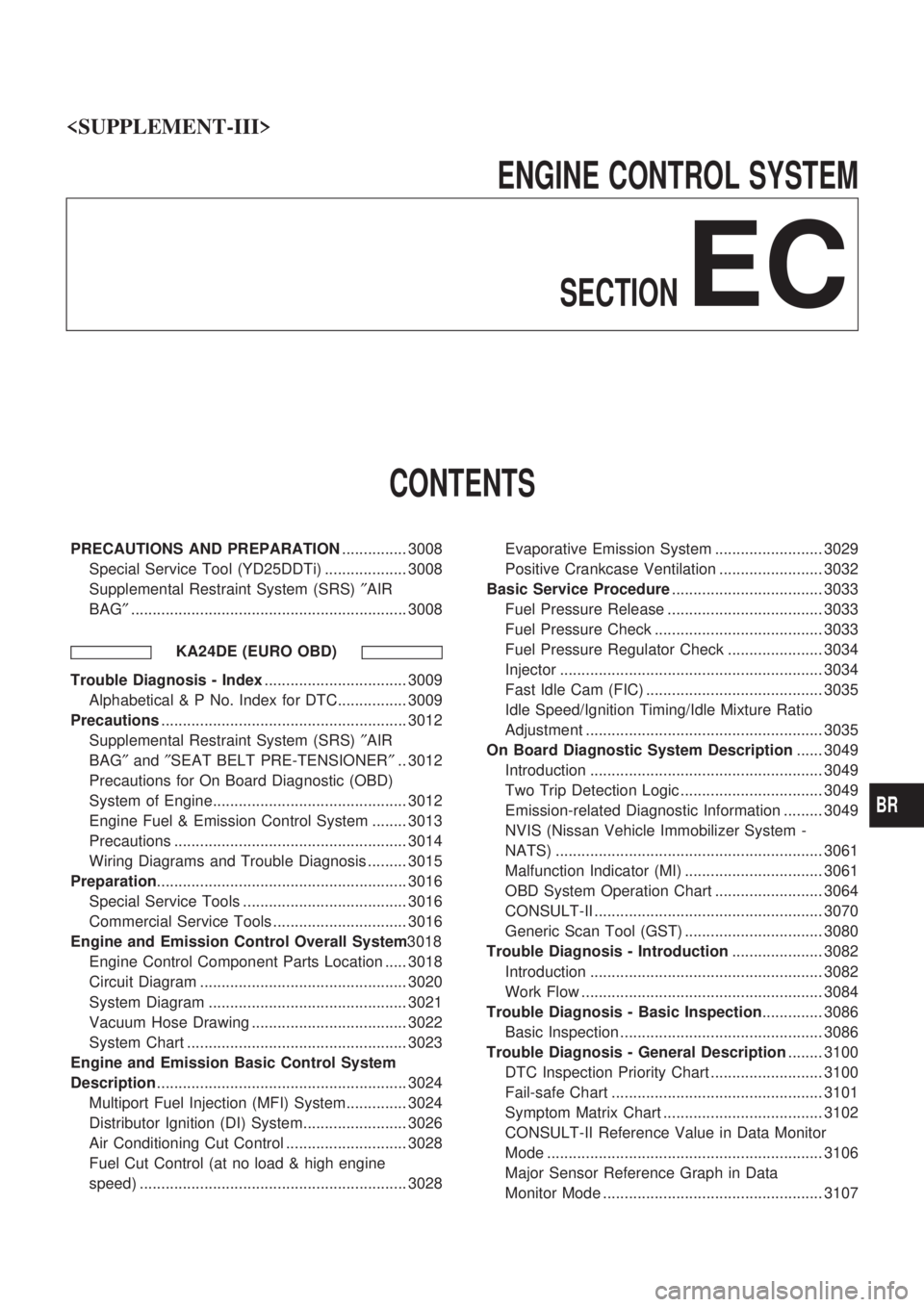 NISSAN PICK-UP 2001 Owners Manual ENGINE CONTROL SYSTEM
SECTION
EC
CONTENTS
PRECAUTIONS AND PREPARATION............... 3008
Special Service Tool (YD25DDTi) ................... 3008
Supplemental Restraint System (SRS)²AIR
BAG²....... NISSAN PICK-UP 2001 Owners Manual ENGINE CONTROL SYSTEM
SECTION
EC
CONTENTS
PRECAUTIONS AND PREPARATION............... 3008
Special Service Tool (YD25DDTi) ................... 3008
Supplemental Restraint System (SRS)²AIR
BAG².......