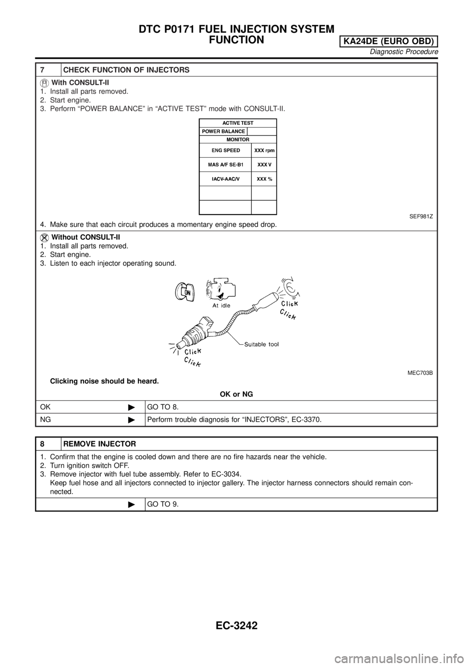 NISSAN PICK-UP 2001 Repair Manual 7 CHECK FUNCTION OF INJECTORS
With CONSULT-II
1. Install all parts removed.
2. Start engine.
3. Perform ªPOWER BALANCEº in ªACTIVE TESTº mode with CONSULT-II.
SEF981Z
4. Make sure that each circui NISSAN PICK-UP 2001 Repair Manual 7 CHECK FUNCTION OF INJECTORS
With CONSULT-II
1. Install all parts removed.
2. Start engine.
3. Perform ªPOWER BALANCEº in ªACTIVE TESTº mode with CONSULT-II.
SEF981Z
4. Make sure that each circui