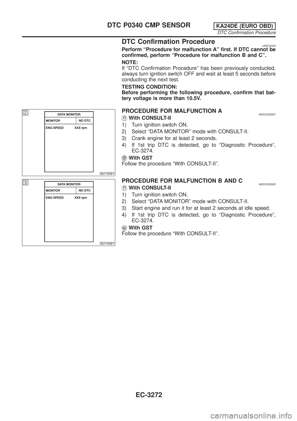 NISSAN PICK-UP 2001 Repair Manual DTC Confirmation Procedure=NEEC0223Perform ªProcedure for malfunction Aº first. If DTC cannot be
confirmed, perform ªProcedure for malfunction B and Cº.
NOTE:
If ªDTC Confirmation Procedureº has NISSAN PICK-UP 2001 Repair Manual DTC Confirmation Procedure=NEEC0223Perform ªProcedure for malfunction Aº first. If DTC cannot be
confirmed, perform ªProcedure for malfunction B and Cº.
NOTE:
If ªDTC Confirmation Procedureº has