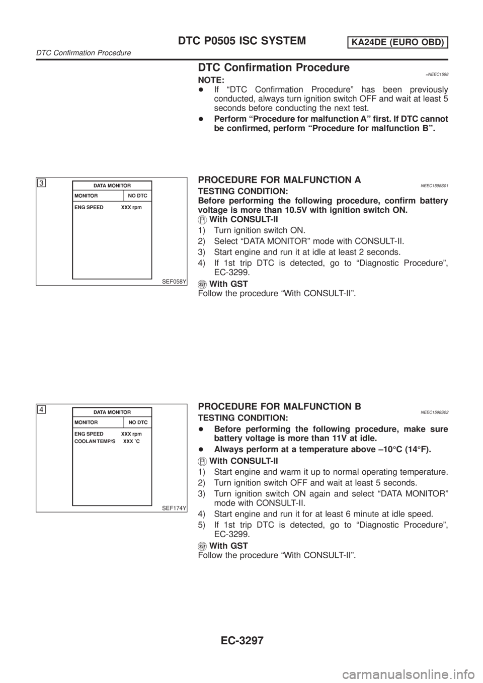 NISSAN PICK-UP 2001 Repair Manual DTC Confirmation Procedure=NEEC1598NOTE:
+If ªDTC Confirmation Procedureº has been previously
conducted, always turn ignition switch OFF and wait at least 5
seconds before conducting the next test.
NISSAN PICK-UP 2001 Repair Manual DTC Confirmation Procedure=NEEC1598NOTE:
+If ªDTC Confirmation Procedureº has been previously
conducted, always turn ignition switch OFF and wait at least 5
seconds before conducting the next test.