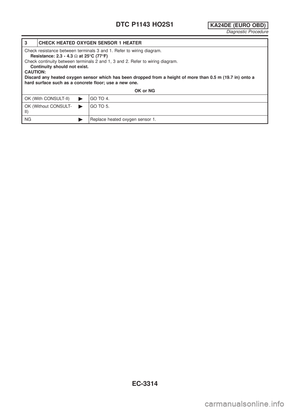 NISSAN PICK-UP 2001 Repair Manual 3 CHECK HEATED OXYGEN SENSOR 1 HEATER
Check resistance between terminals 3 and 1. Refer to wiring diagram.
Resistance: 2.3 - 4.3Wat 25ÉC (77ÉF)
Check continuity between terminals 2 and 1, 3 and 2. R NISSAN PICK-UP 2001 Repair Manual 3 CHECK HEATED OXYGEN SENSOR 1 HEATER
Check resistance between terminals 3 and 1. Refer to wiring diagram.
Resistance: 2.3 - 4.3Wat 25ÉC (77ÉF)
Check continuity between terminals 2 and 1, 3 and 2. R