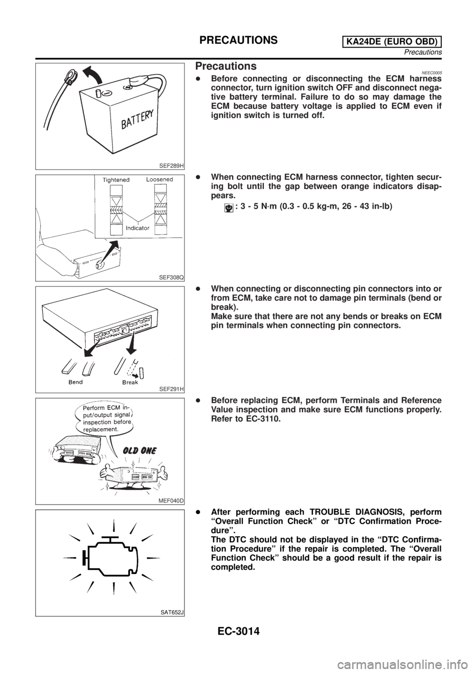 NISSAN PICK-UP 2001 Owners Guide SEF289H
PrecautionsNEEC0005+Before connecting or disconnecting the ECM harness
connector, turn ignition switch OFF and disconnect nega-
tive battery terminal. Failure to do so may damage the
ECM becau NISSAN PICK-UP 2001 Owners Guide SEF289H
PrecautionsNEEC0005+Before connecting or disconnecting the ECM harness
connector, turn ignition switch OFF and disconnect nega-
tive battery terminal. Failure to do so may damage the
ECM becau