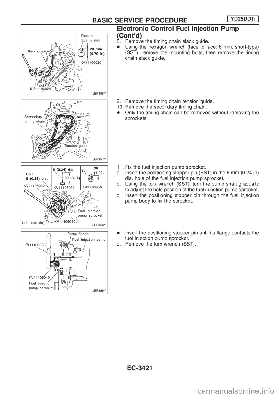 NISSAN PICK-UP 2001 Repair Manual 8. Remove the timing chain slack guide.
+Using the hexagon wrench (face to face: 6 mm, short-type)
(SST), remove the mounting bolts, then remove the timing
chain slack guide.
9. Remove the timing chai NISSAN PICK-UP 2001 Repair Manual 8. Remove the timing chain slack guide.
+Using the hexagon wrench (face to face: 6 mm, short-type)
(SST), remove the mounting bolts, then remove the timing
chain slack guide.
9. Remove the timing chai