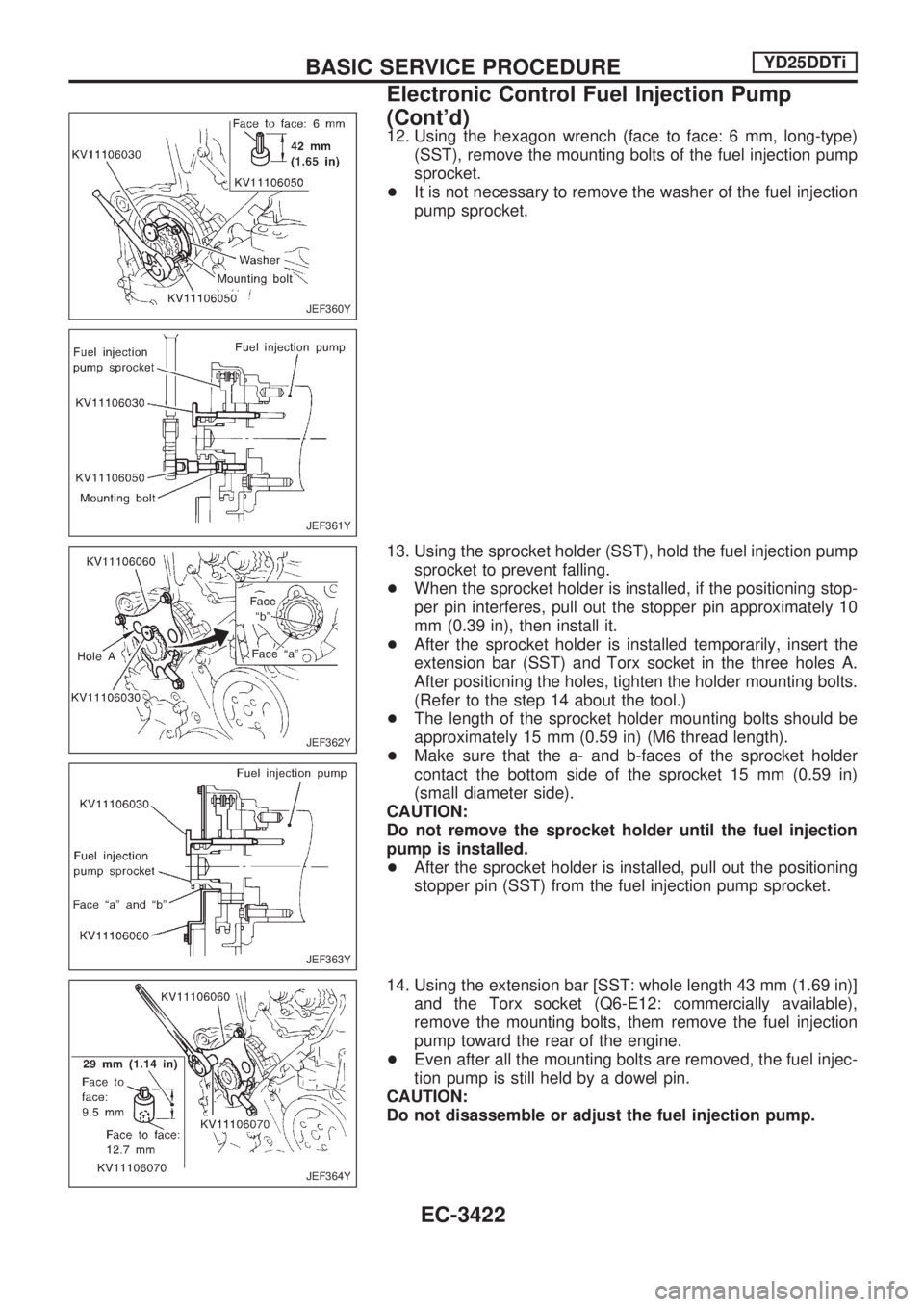NISSAN PICK-UP 2001 Repair Manual 12. Using the hexagon wrench (face to face: 6 mm, long-type)
(SST), remove the mounting bolts of the fuel injection pump
sprocket.
+It is not necessary to remove the washer of the fuel injection
pump NISSAN PICK-UP 2001 Repair Manual 12. Using the hexagon wrench (face to face: 6 mm, long-type)
(SST), remove the mounting bolts of the fuel injection pump
sprocket.
+It is not necessary to remove the washer of the fuel injection
pump