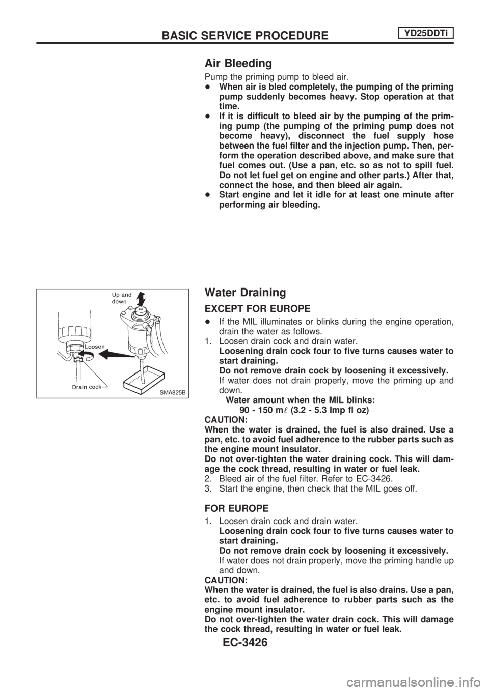 NISSAN PICK-UP 2001  Repair Manual Air Bleeding
Pump the priming pump to bleed air.
+When air is bled completely, the pumping of the priming
pump suddenly becomes heavy. Stop operation at that
time.
+If it is difficult to bleed air by 