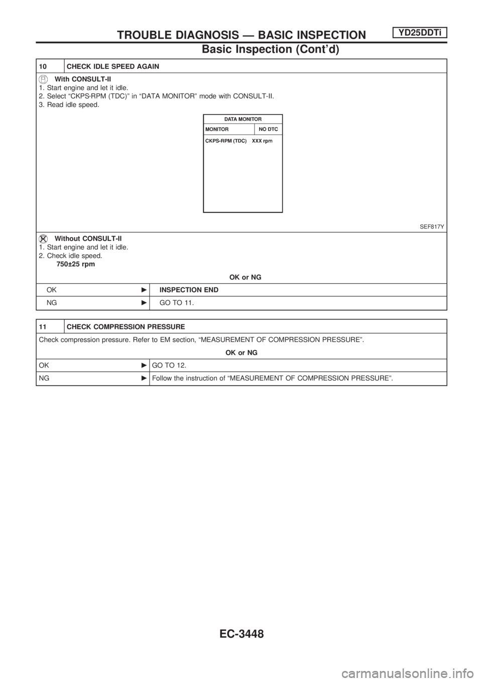NISSAN PICK-UP 2001  Repair Manual 10 CHECK IDLE SPEED AGAIN
With CONSULT-II
1. Start engine and let it idle.
2. Select ªCKPSzRPM (TDC)º in ªDATA MONITORº mode with CONSULT-II.
3. Read idle speed.
SEF817Y
Without CONSULT-II
1. Star