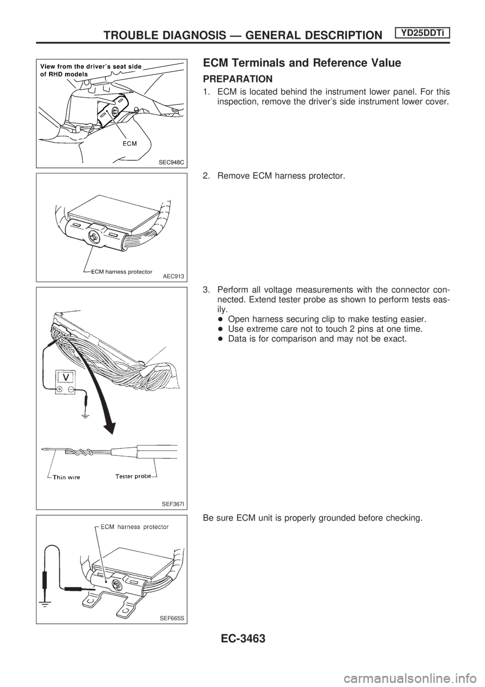 NISSAN PICK-UP 2001 Repair Manual ECM Terminals and Reference Value
PREPARATION
1. ECM is located behind the instrument lower panel. For this
inspection, remove the drivers side instrument lower cover.
2. Remove ECM harness protector NISSAN PICK-UP 2001 Repair Manual ECM Terminals and Reference Value
PREPARATION
1. ECM is located behind the instrument lower panel. For this
inspection, remove the drivers side instrument lower cover.
2. Remove ECM harness protector
