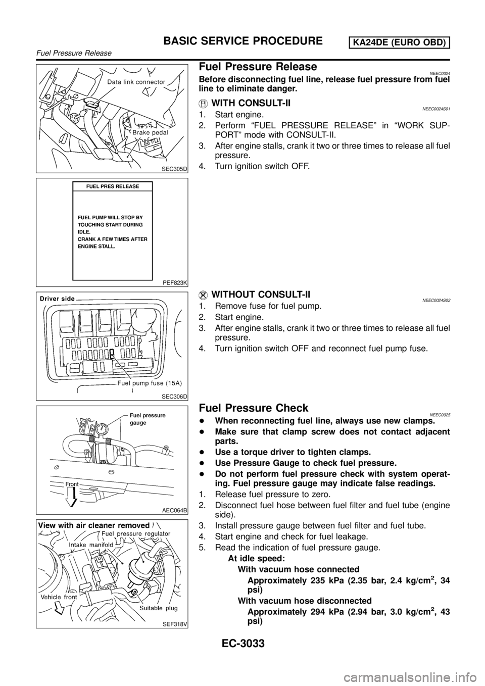 NISSAN PICK-UP 2001 Workshop Manual SEC305D
PEF823K
Fuel Pressure ReleaseNEEC0024Before disconnecting fuel line, release fuel pressure from fuel
line to eliminate danger.
WITH CONSULT-IINEEC0024S011. Start engine.
2. Perform ªFUEL PRES NISSAN PICK-UP 2001 Workshop Manual SEC305D
PEF823K
Fuel Pressure ReleaseNEEC0024Before disconnecting fuel line, release fuel pressure from fuel
line to eliminate danger.
WITH CONSULT-IINEEC0024S011. Start engine.
2. Perform ªFUEL PRES