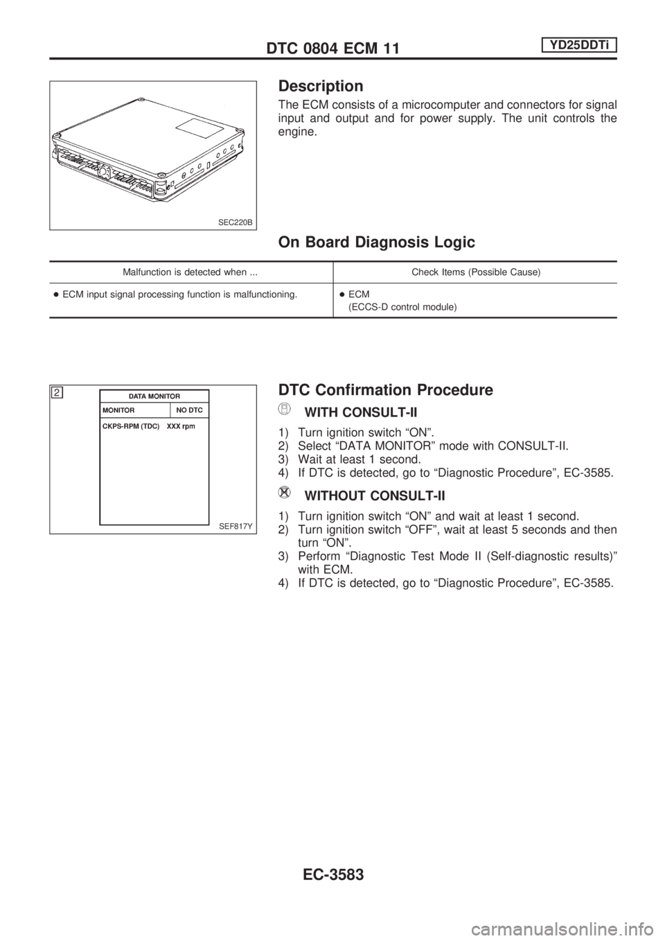 NISSAN PICK-UP 2001  Repair Manual Description
The ECM consists of a microcomputer and connectors for signal
input and output and for power supply. The unit controls the
engine.
On Board Diagnosis Logic
Malfunction is detected when ...