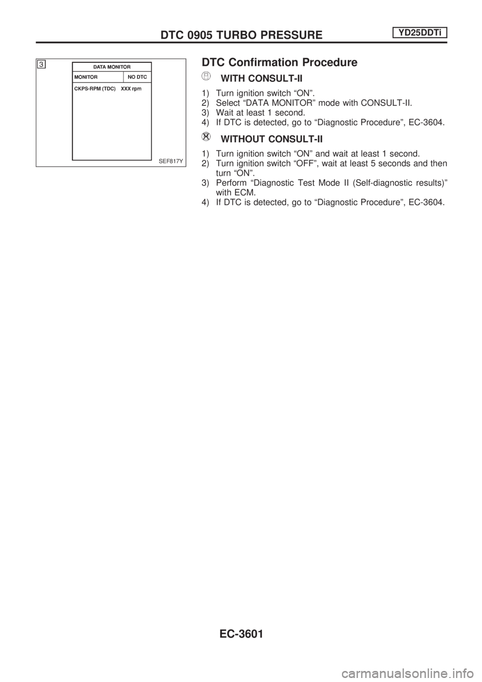 NISSAN PICK-UP 2001  Repair Manual DTC Confirmation Procedure
WITH CONSULT-II
1) Turn ignition switch ªONº.
2) Select ªDATA MONITORº mode with CONSULT-II.
3) Wait at least 1 second.
4) If DTC is detected, go to ªDiagnostic Procedu