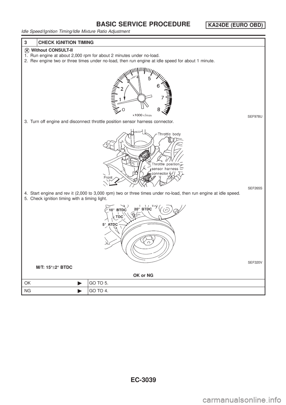 NISSAN PICK-UP 2001 Manual PDF 3 CHECK IGNITION TIMING
Without CONSULT-II
1. Run engine at about 2,000 rpm for about 2 minutes under no-load.
2. Rev engine two or three times under no-load, then run engine at idle speed for about 1
