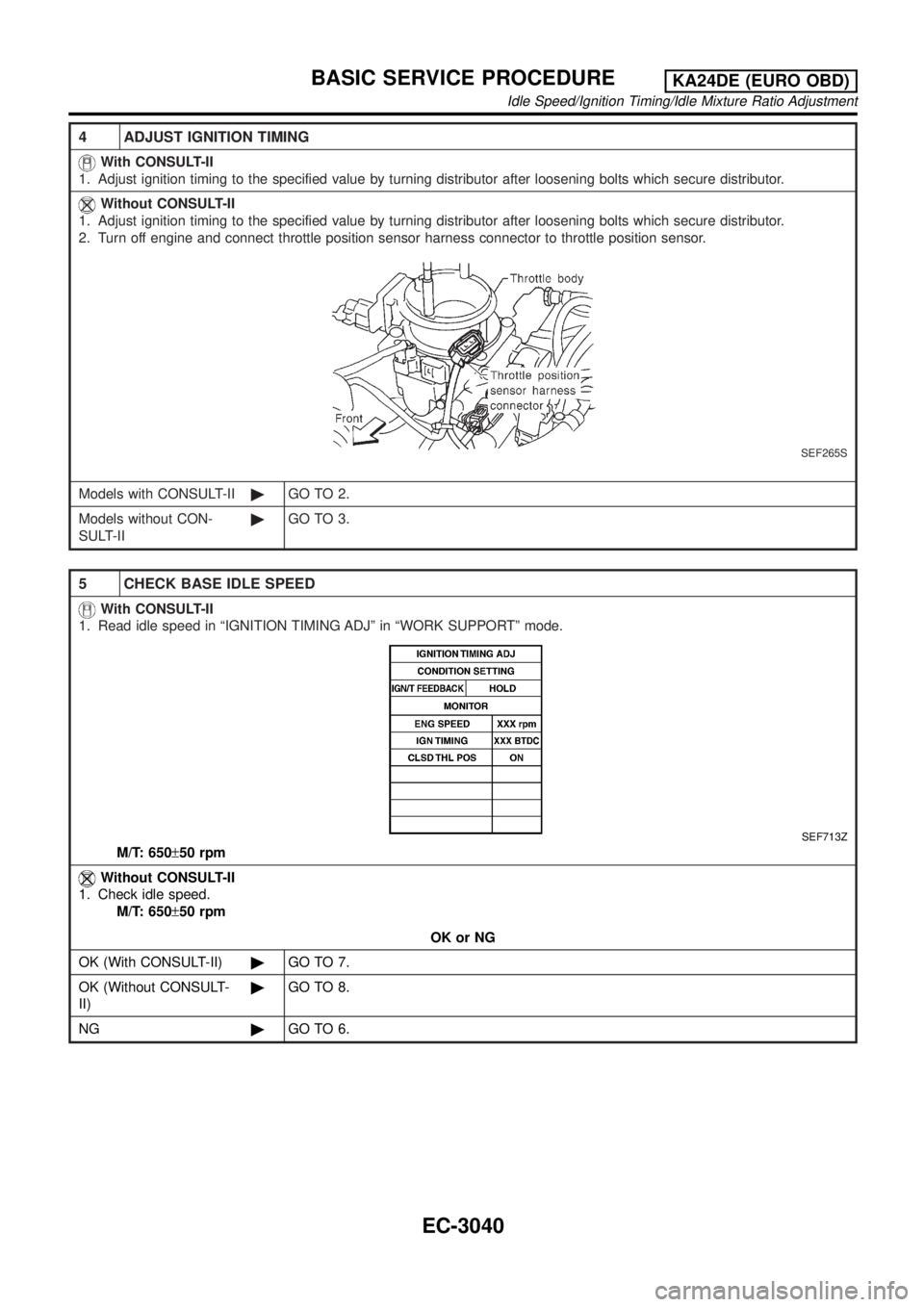 NISSAN PICK-UP 2001 Manual PDF 4 ADJUST IGNITION TIMING
With CONSULT-II
1. Adjust ignition timing to the specified value by turning distributor after loosening bolts which secure distributor.
Without CONSULT-II
1. Adjust ignition t
