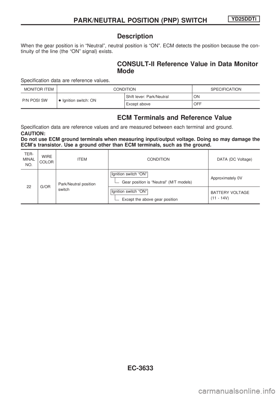 NISSAN PICK-UP 2001  Repair Manual Description
When the gear position is in ªNeutralº, neutral position is ªONº. ECM detects the position because the con-
tinuity of the line (the ªONº signal) exists.
CONSULT-II Reference Value i