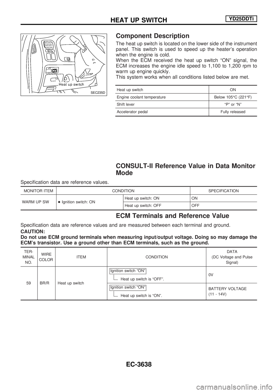 NISSAN PICK-UP 2001  Repair Manual Component Description
The heat up switch is located on the lower side of the instrument
panel. This switch is used to speed up the heaters operation
when the engine is cold.
When the ECM received the