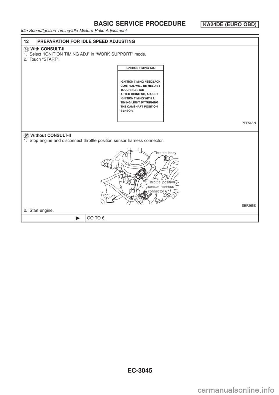 NISSAN PICK-UP 2001 Manual PDF 12 PREPARATION FOR IDLE SPEED ADJUSTING
With CONSULT-II
1. Select ªIGNITION TIMING ADJº in ªWORK SUPPORTº mode.
2. Touch ªSTARTº.
PEF546N
Without CONSULT-II
1. Stop engine and disconnect throttl