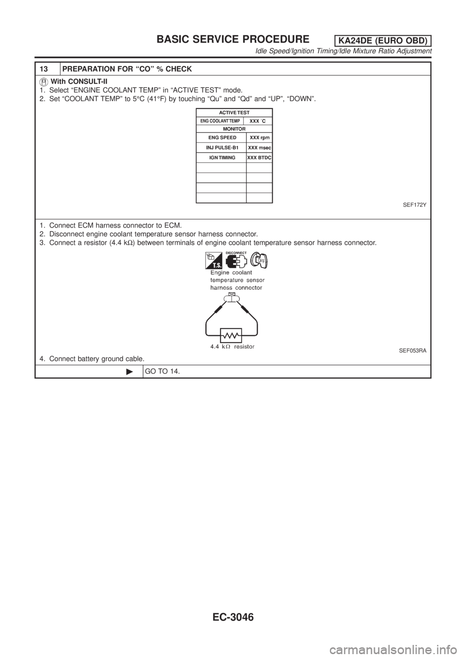NISSAN PICK-UP 2001 Manual PDF 13 PREPARATION FOR ªCOº % CHECK
With CONSULT-II
1. Select ªENGINE COOLANT TEMPº in ªACTIVE TESTº mode.
2. Set ªCOOLANT TEMPº to 5ÉC (41ÉF) by touching ªQuº and ªQdº and ªUPº, ªDOWNº. NISSAN PICK-UP 2001 Manual PDF 13 PREPARATION FOR ªCOº % CHECK
With CONSULT-II
1. Select ªENGINE COOLANT TEMPº in ªACTIVE TESTº mode.
2. Set ªCOOLANT TEMPº to 5ÉC (41ÉF) by touching ªQuº and ªQdº and ªUPº, ªDOWNº.