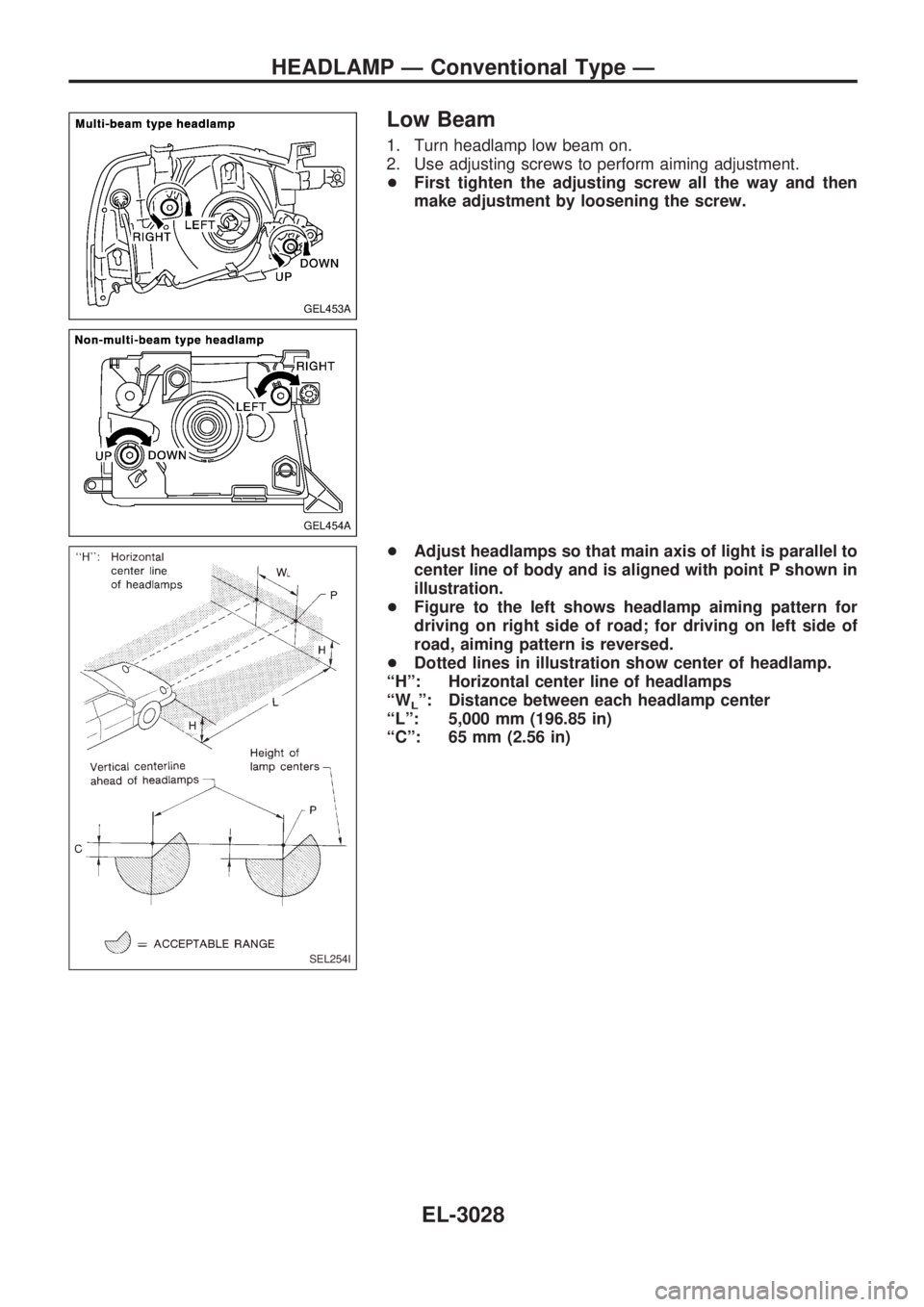 NISSAN PICK-UP 2001  Repair Manual Low Beam
1. Turn headlamp low beam on.
2. Use adjusting screws to perform aiming adjustment.
+First tighten the adjusting screw all the way and then
make adjustment by loosening the screw.
+Adjust hea