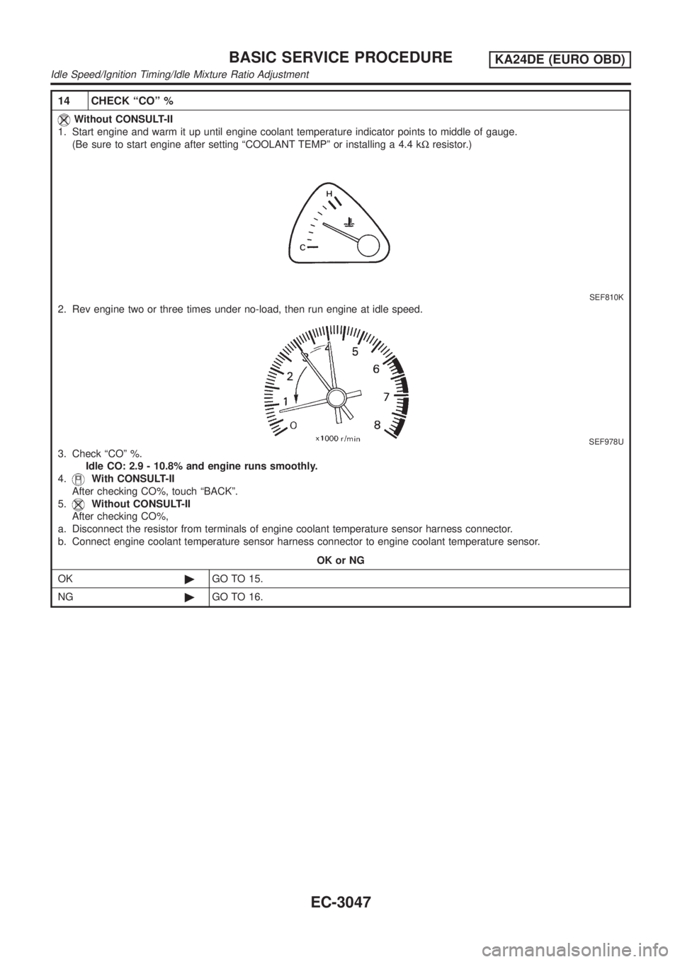 NISSAN PICK-UP 2001 Manual PDF 14 CHECK ªCOº %
Without CONSULT-II
1. Start engine and warm it up until engine coolant temperature indicator points to middle of gauge.
(Be sure to start engine after setting ªCOOLANT TEMPº or ins NISSAN PICK-UP 2001 Manual PDF 14 CHECK ªCOº %
Without CONSULT-II
1. Start engine and warm it up until engine coolant temperature indicator points to middle of gauge.
(Be sure to start engine after setting ªCOOLANT TEMPº or ins