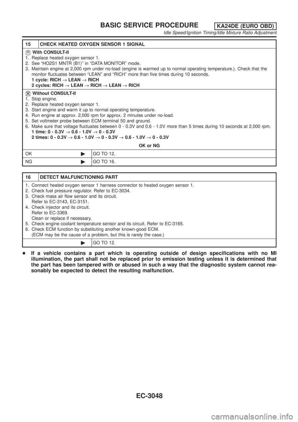 NISSAN PICK-UP 2001 Manual PDF 15 CHECK HEATED OXYGEN SENSOR 1 SIGNAL
With CONSULT-II
1. Replace heated oxygen sensor 1.
2. See ªHO2S1 MNTR (B1)º in ªDATA MONITORº mode.
3. Maintain engine at 2,000 rpm under no-load (engine is NISSAN PICK-UP 2001 Manual PDF 15 CHECK HEATED OXYGEN SENSOR 1 SIGNAL
With CONSULT-II
1. Replace heated oxygen sensor 1.
2. See ªHO2S1 MNTR (B1)º in ªDATA MONITORº mode.
3. Maintain engine at 2,000 rpm under no-load (engine is