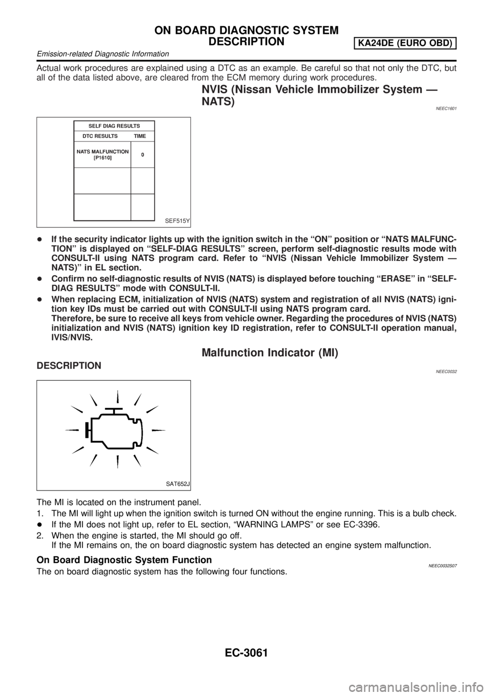NISSAN PICK-UP 2001 Manual Online Actual work procedures are explained using a DTC as an example. Be careful so that not only the DTC, but
all of the data listed above, are cleared from the ECM memory during work procedures.
NVIS (Nis NISSAN PICK-UP 2001 Manual Online Actual work procedures are explained using a DTC as an example. Be careful so that not only the DTC, but
all of the data listed above, are cleared from the ECM memory during work procedures.
NVIS (Nis