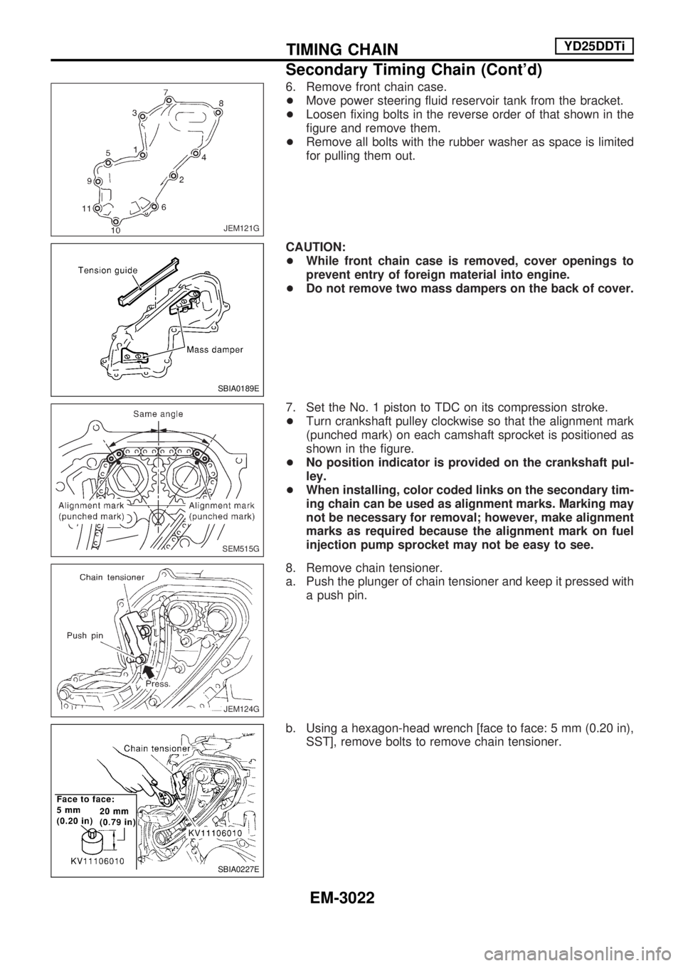 NISSAN PICK-UP 2001 Repair Manual 6. Remove front chain case.
+Move power steering fluid reservoir tank from the bracket.
+Loosen fixing bolts in the reverse order of that shown in the
figure and remove them.
+Remove all bolts with th NISSAN PICK-UP 2001 Repair Manual 6. Remove front chain case.
+Move power steering fluid reservoir tank from the bracket.
+Loosen fixing bolts in the reverse order of that shown in the
figure and remove them.
+Remove all bolts with th