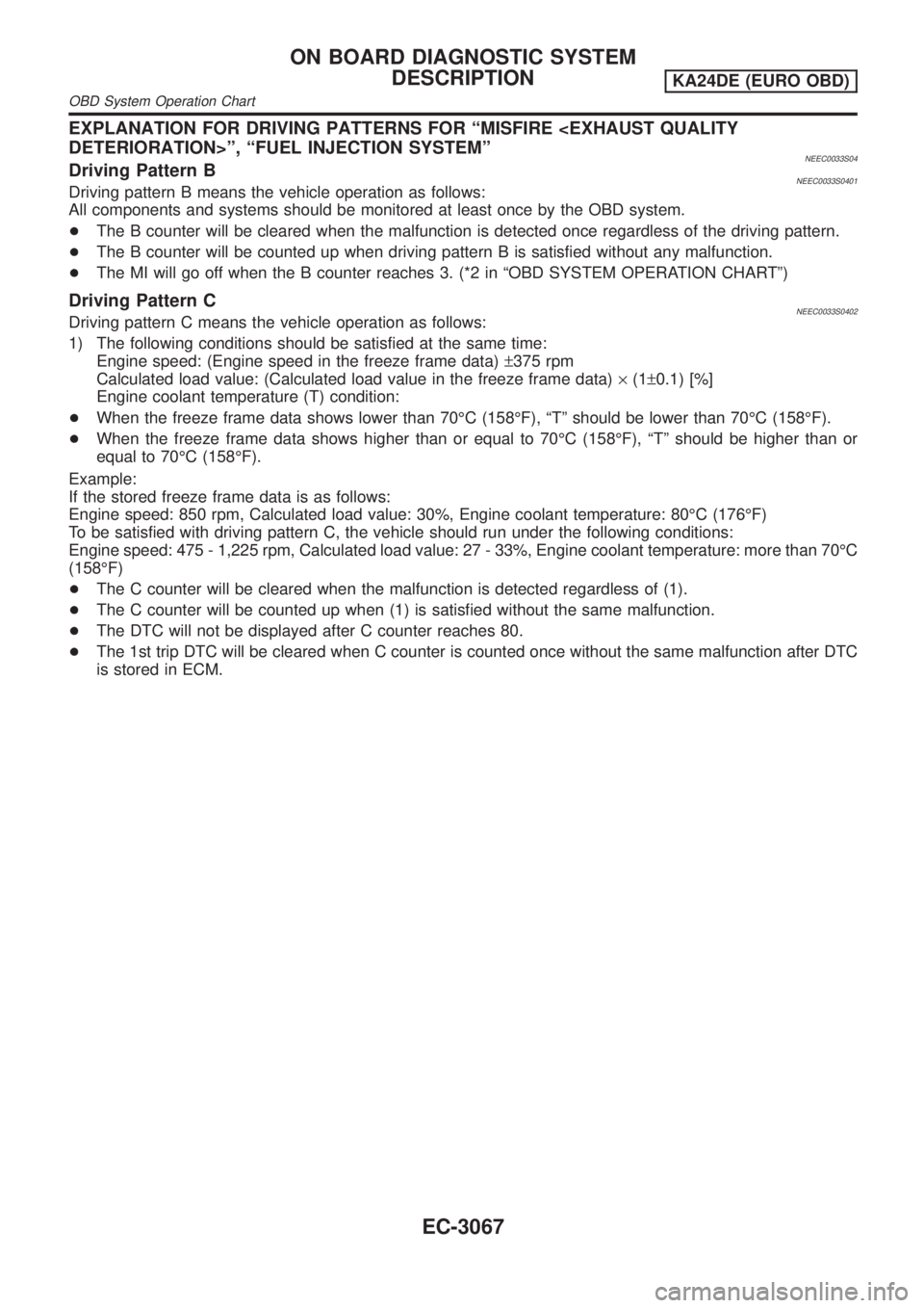 NISSAN PICK-UP 2001 Owners Manual EXPLANATION FOR DRIVING PATTERNS FOR ªMISFIRE <EXHAUST QUALITY
DETERIORATION>º, ªFUEL INJECTION SYSTEMº
NEEC0033S04Driving Pattern BNEEC0033S0401Driving pattern B means the vehicle operation as fo