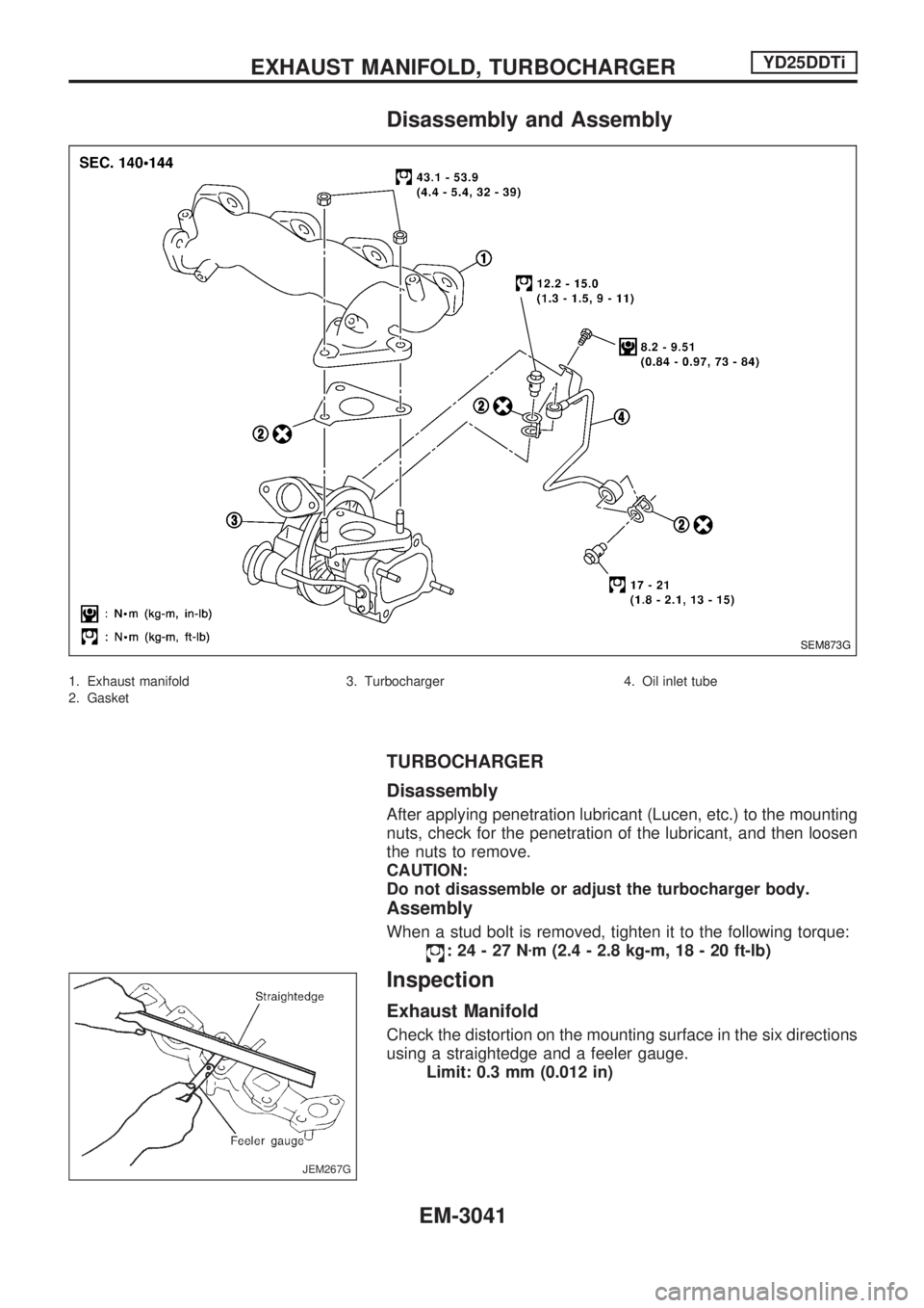 NISSAN PICK-UP 2001  Repair Manual Disassembly and Assembly
1. Exhaust manifold
2. Gasket3. Turbocharger 4. Oil inlet tube
TURBOCHARGER
Disassembly
After applying penetration lubricant (Lucen, etc.) to the mounting
nuts, check for the 