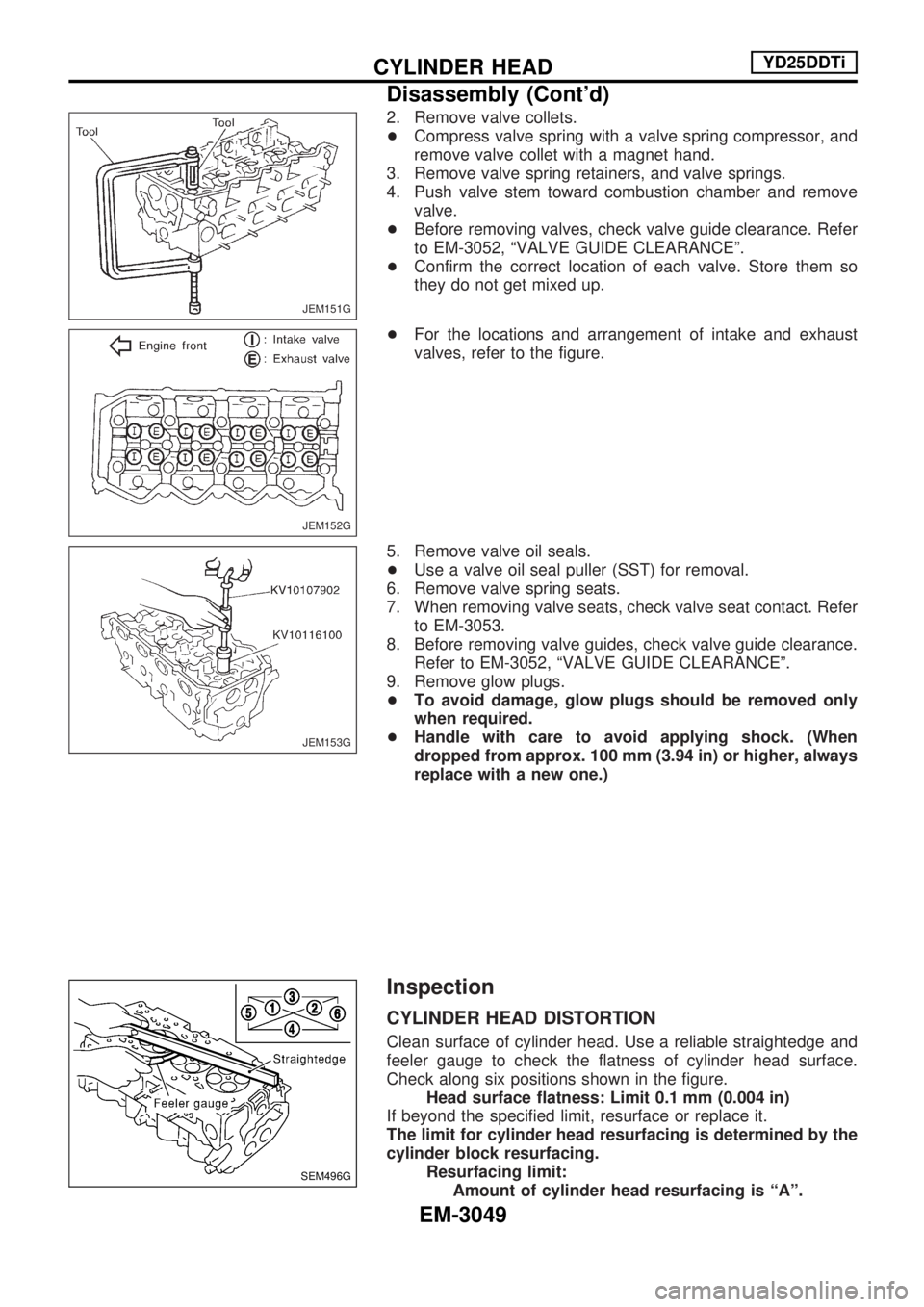 NISSAN PICK-UP 2001 Repair Manual 2. Remove valve collets.
+Compress valve spring with a valve spring compressor, and
remove valve collet with a magnet hand.
3. Remove valve spring retainers, and valve springs.
4. Push valve stem towa NISSAN PICK-UP 2001 Repair Manual 2. Remove valve collets.
+Compress valve spring with a valve spring compressor, and
remove valve collet with a magnet hand.
3. Remove valve spring retainers, and valve springs.
4. Push valve stem towa