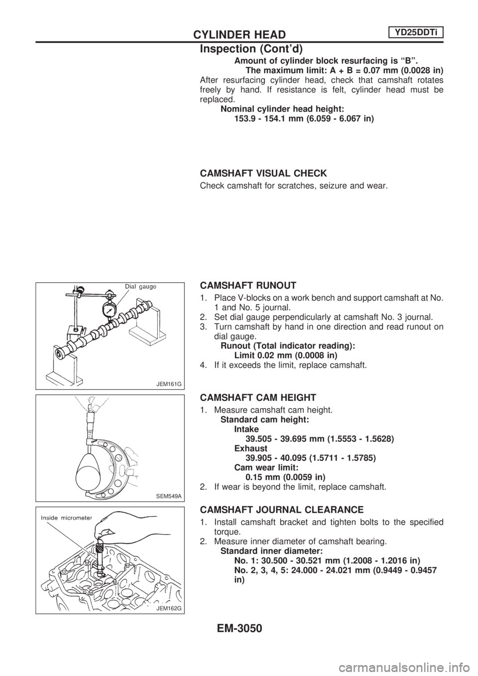 NISSAN PICK-UP 2001 Repair Manual Amount of cylinder block resurfacing is ªBº.
The maximum limit:A+B=0.07 mm (0.0028 in)
After resurfacing cylinder head, check that camshaft rotates
freely by hand. If resistance is felt, cylinder he NISSAN PICK-UP 2001 Repair Manual Amount of cylinder block resurfacing is ªBº.
The maximum limit:A+B=0.07 mm (0.0028 in)
After resurfacing cylinder head, check that camshaft rotates
freely by hand. If resistance is felt, cylinder he