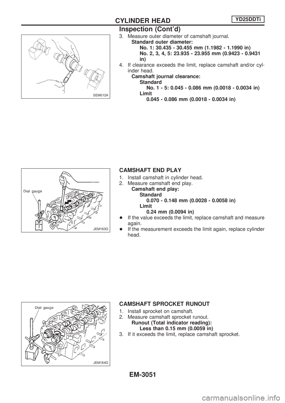 NISSAN PICK-UP 2001 Repair Manual 3. Measure outer diameter of camshaft journal.
Standard outer diameter:
No. 1: 30.435 - 30.455 mm (1.1982 - 1.1990 in)
No. 2, 3, 4, 5: 23.935 - 23.955 mm (0.9423 - 0.9431
in)
4. If clearance exceeds t NISSAN PICK-UP 2001 Repair Manual 3. Measure outer diameter of camshaft journal.
Standard outer diameter:
No. 1: 30.435 - 30.455 mm (1.1982 - 1.1990 in)
No. 2, 3, 4, 5: 23.935 - 23.955 mm (0.9423 - 0.9431
in)
4. If clearance exceeds t