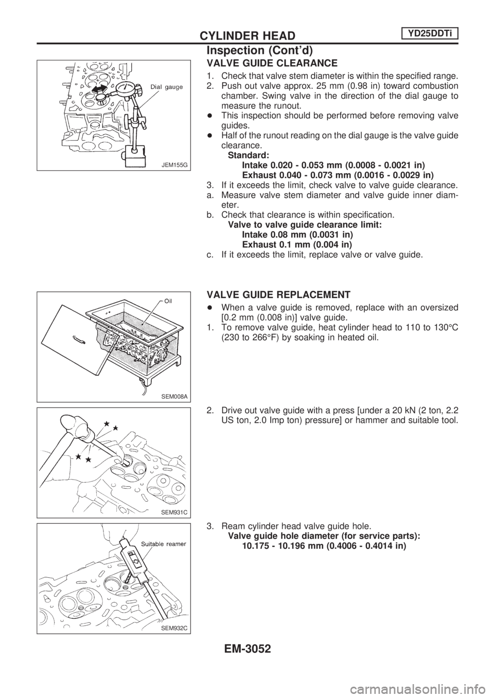 NISSAN PICK-UP 2001 Repair Manual VALVE GUIDE CLEARANCE
1. Check that valve stem diameter is within the specified range.
2. Push out valve approx. 25 mm (0.98 in) toward combustion
chamber. Swing valve in the direction of the dial gau NISSAN PICK-UP 2001 Repair Manual VALVE GUIDE CLEARANCE
1. Check that valve stem diameter is within the specified range.
2. Push out valve approx. 25 mm (0.98 in) toward combustion
chamber. Swing valve in the direction of the dial gau