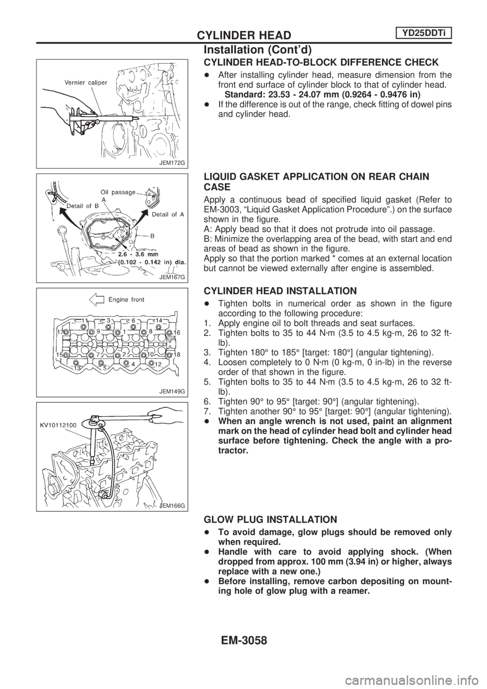 NISSAN PICK-UP 2001  Repair Manual CYLINDER HEAD-TO-BLOCK DIFFERENCE CHECK
+After installing cylinder head, measure dimension from the
front end surface of cylinder block to that of cylinder head.
Standard: 23.53 - 24.07 mm (0.9264 - 0
