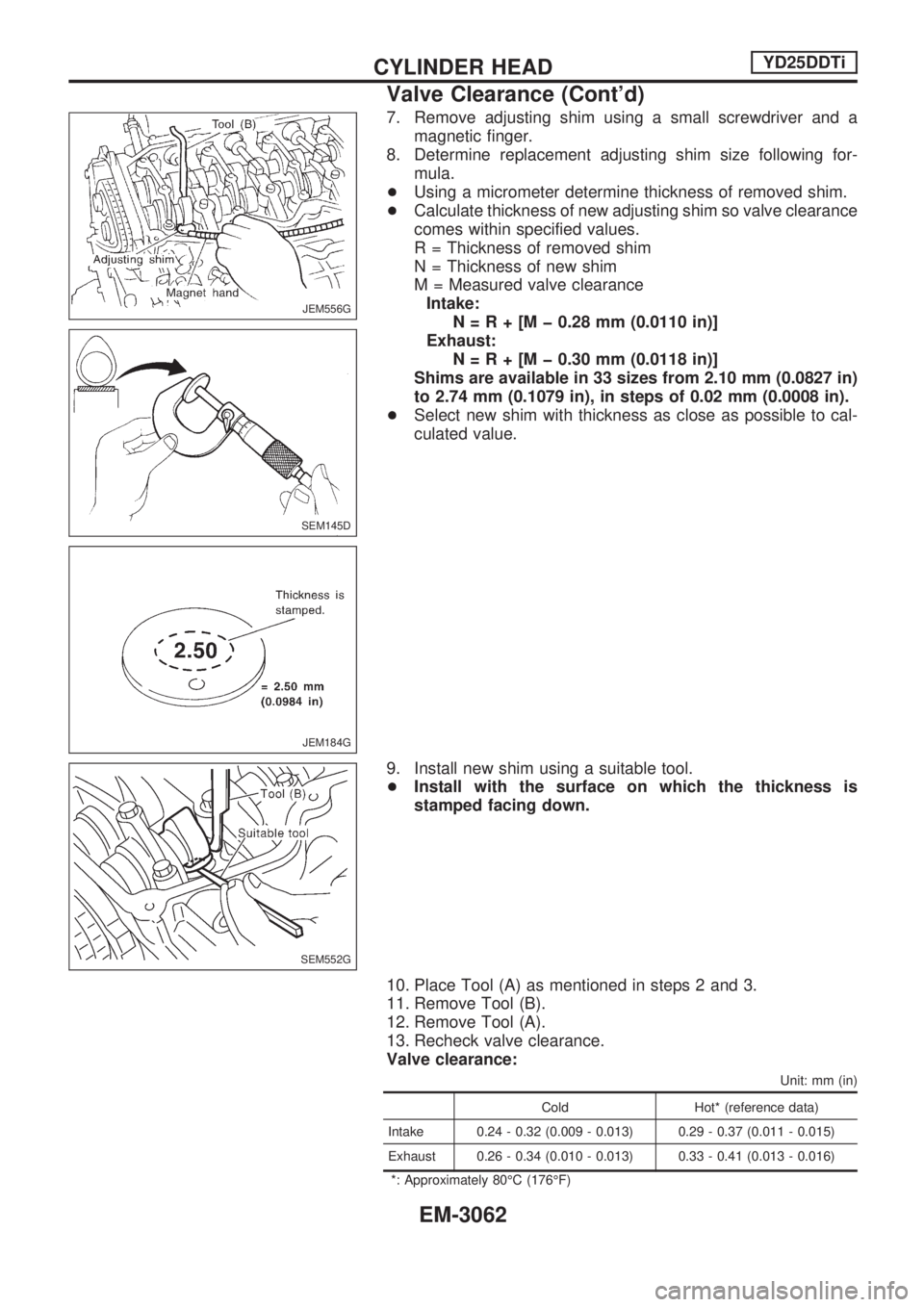 NISSAN PICK-UP 2001  Repair Manual 7. Remove adjusting shim using a small screwdriver and a
magnetic finger.
8. Determine replacement adjusting shim size following for-
mula.
+Using a micrometer determine thickness of removed shim.
+Ca