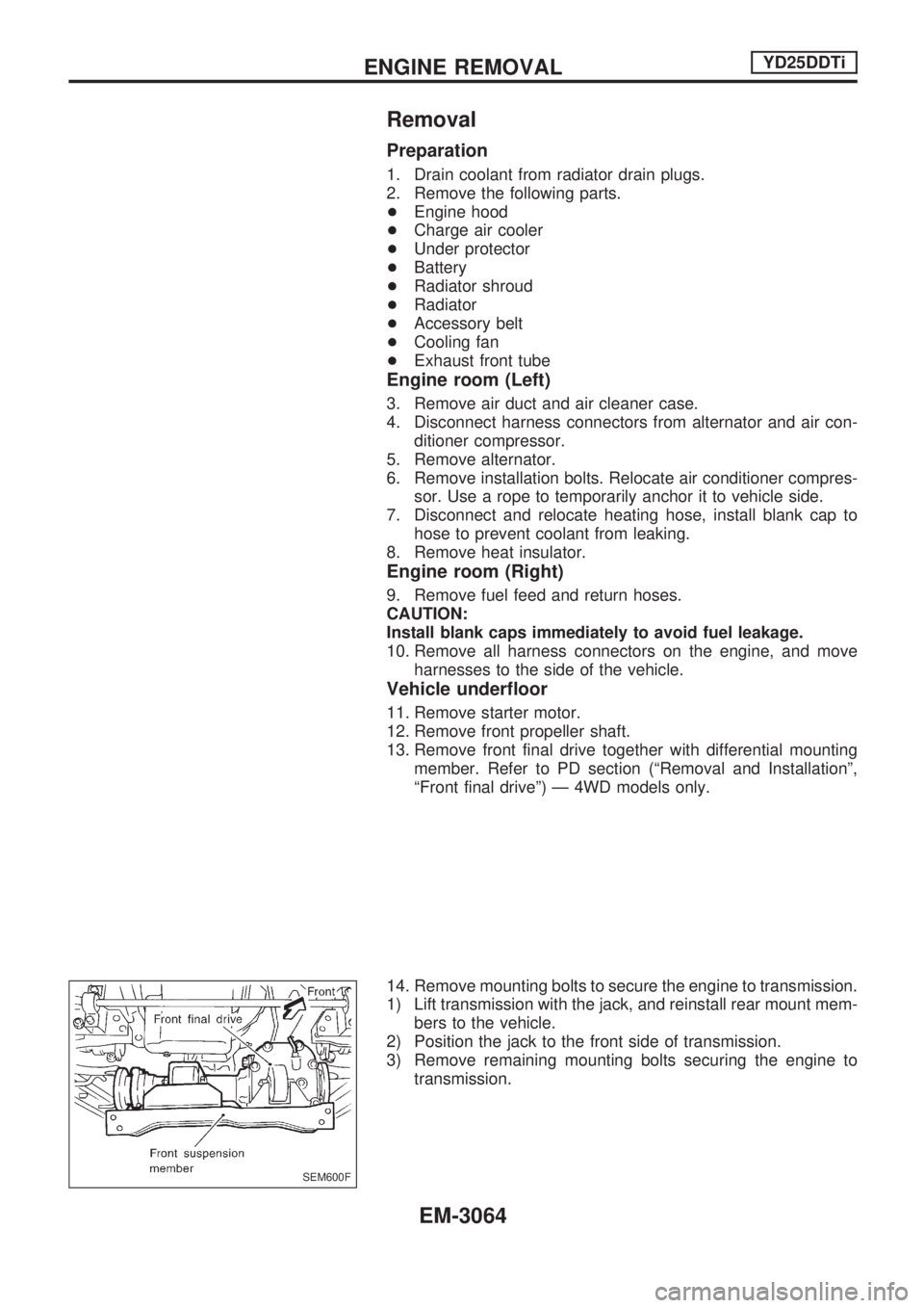 NISSAN PICK-UP 2001  Repair Manual Removal
Preparation
1. Drain coolant from radiator drain plugs.
2. Remove the following parts.
+Engine hood
+Charge air cooler
+Under protector
+Battery
+Radiator shroud
+Radiator
+Accessory belt
+Coo