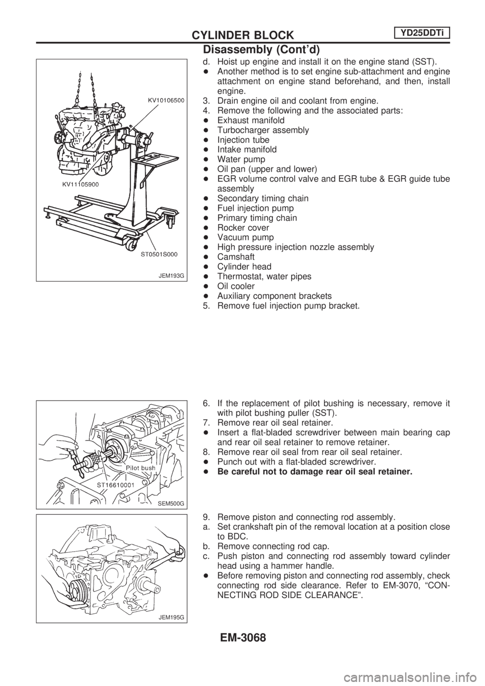 NISSAN PICK-UP 2001  Repair Manual d. Hoist up engine and install it on the engine stand (SST).
+Another method is to set engine sub-attachment and engine
attachment on engine stand beforehand, and then, install
engine.
3. Drain engine