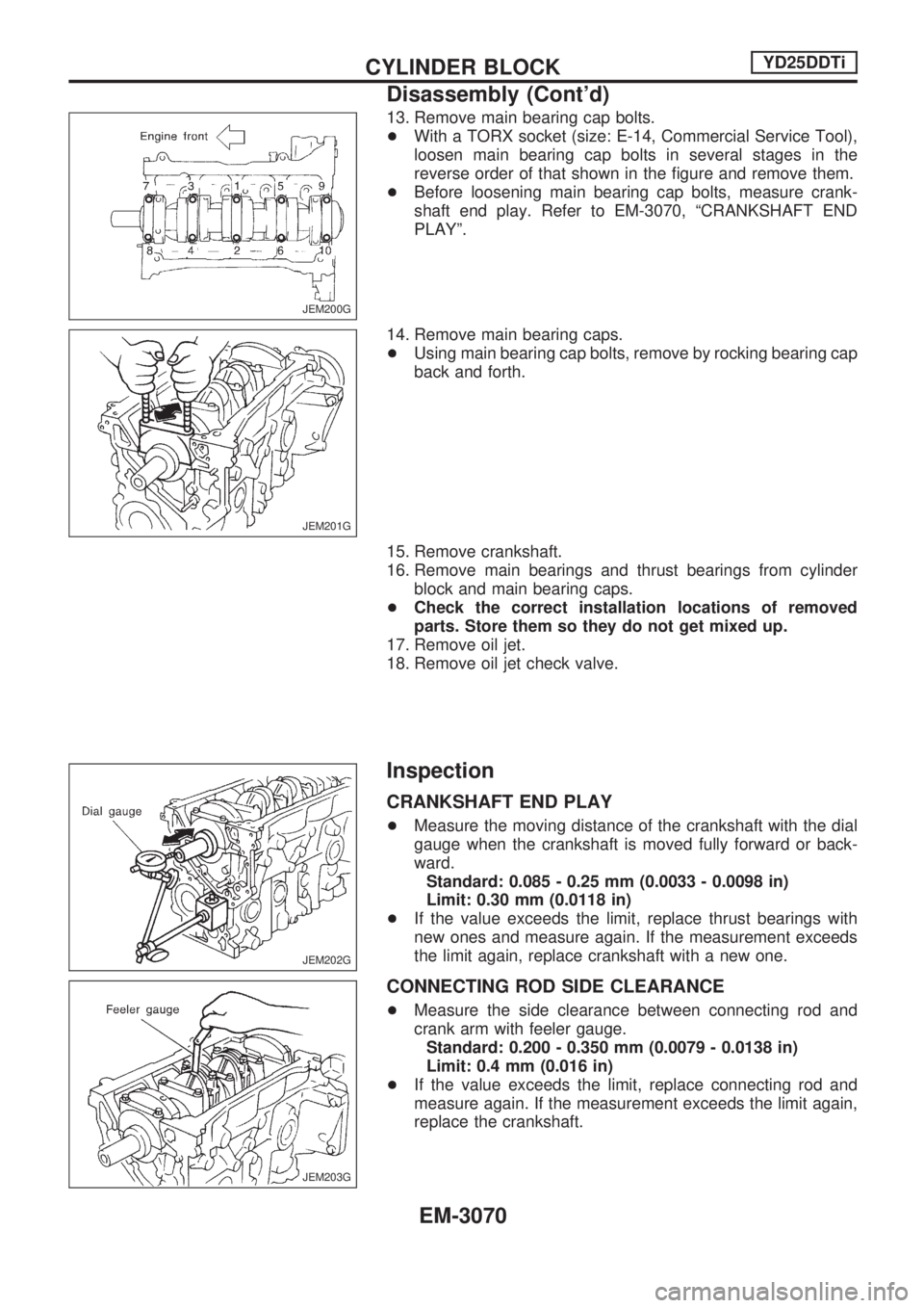 NISSAN PICK-UP 2001  Repair Manual 13. Remove main bearing cap bolts.
+With a TORX socket (size: E-14, Commercial Service Tool),
loosen main bearing cap bolts in several stages in the
reverse order of that shown in the figure and remov