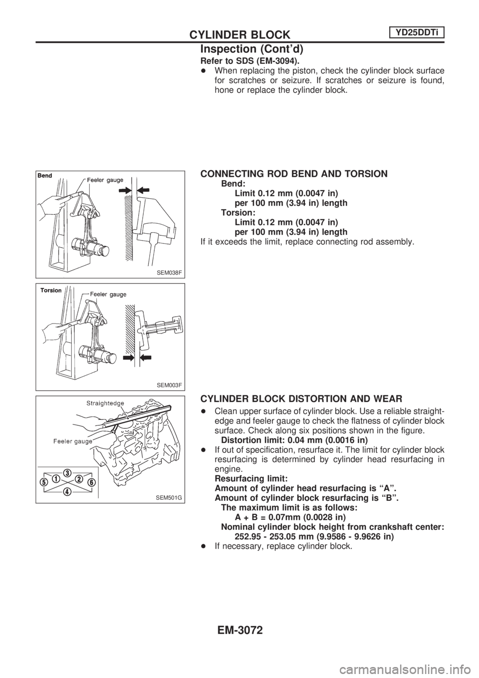 NISSAN PICK-UP 2001  Repair Manual Refer to SDS (EM-3094).
+When replacing the piston, check the cylinder block surface
for scratches or seizure. If scratches or seizure is found,
hone or replace the cylinder block.
CONNECTING ROD BEND