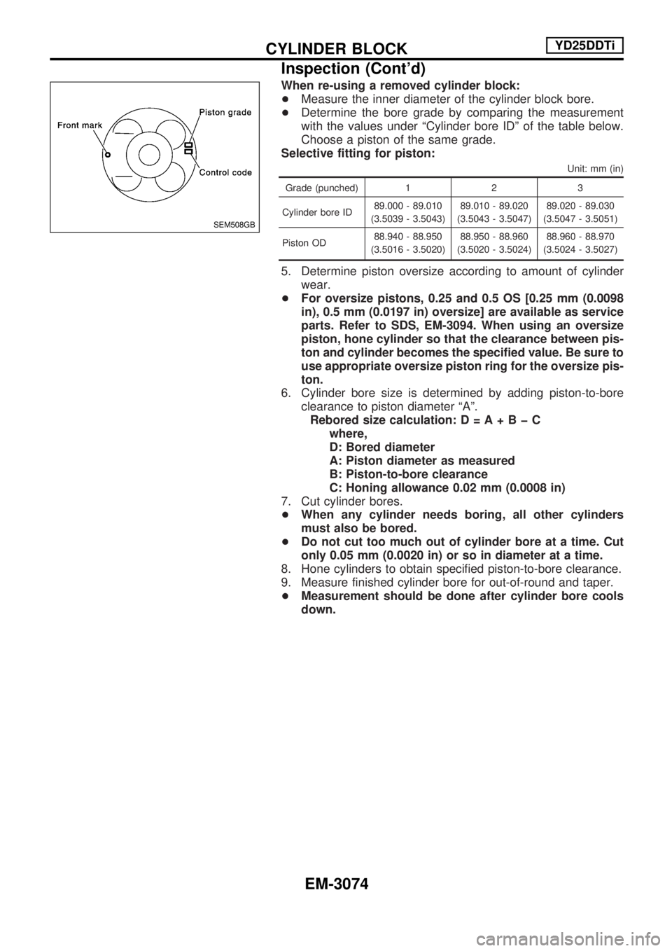 NISSAN PICK-UP 2001  Repair Manual When re-using a removed cylinder block:
+Measure the inner diameter of the cylinder block bore.
+Determine the bore grade by comparing the measurement
with the values under ªCylinder bore IDº of the