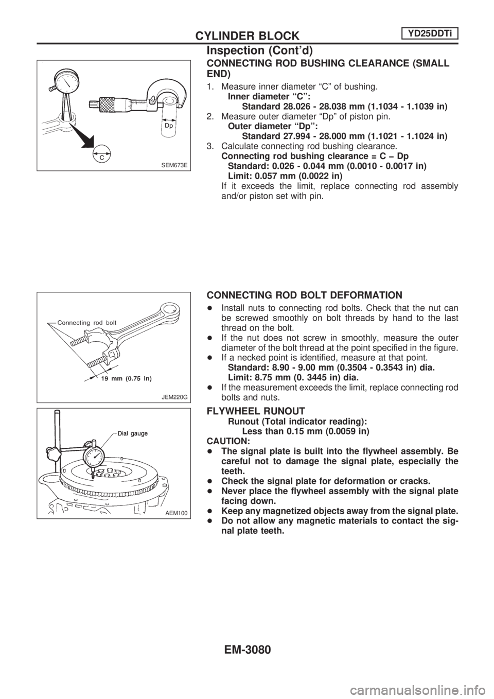 NISSAN PICK-UP 2001  Repair Manual CONNECTING ROD BUSHING CLEARANCE (SMALL
END)
1. Measure inner diameter ªCº of bushing.
Inner diameter ªCº:
Standard 28.026 - 28.038 mm (1.1034 - 1.1039 in)
2. Measure outer diameter ªDpº of pist