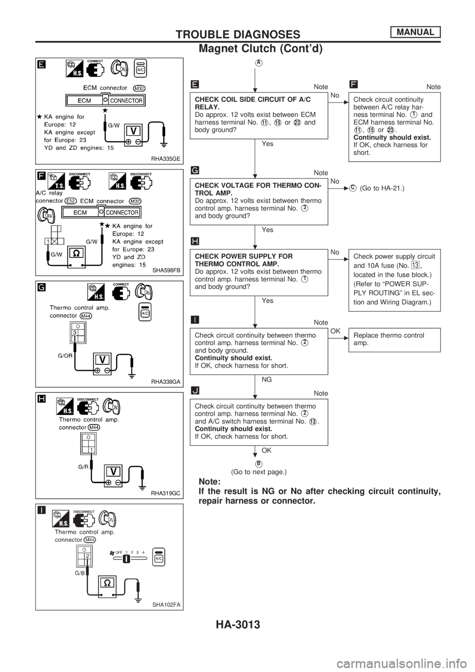 NISSAN PICK-UP 2001 Repair Manual VA
NoteNote
CHECK COIL SIDE CIRCUIT OF A/C
RELAY.
Do approx. 12 volts exist between ECM
harness terminal No.
V11,V15orV23and
body ground?
Yes
cNo
Check circuit continuity
between A/C relay har-
ness t NISSAN PICK-UP 2001 Repair Manual VA
NoteNote
CHECK COIL SIDE CIRCUIT OF A/C
RELAY.
Do approx. 12 volts exist between ECM
harness terminal No.
V11,V15orV23and
body ground?
Yes
cNo
Check circuit continuity
between A/C relay har-
ness t