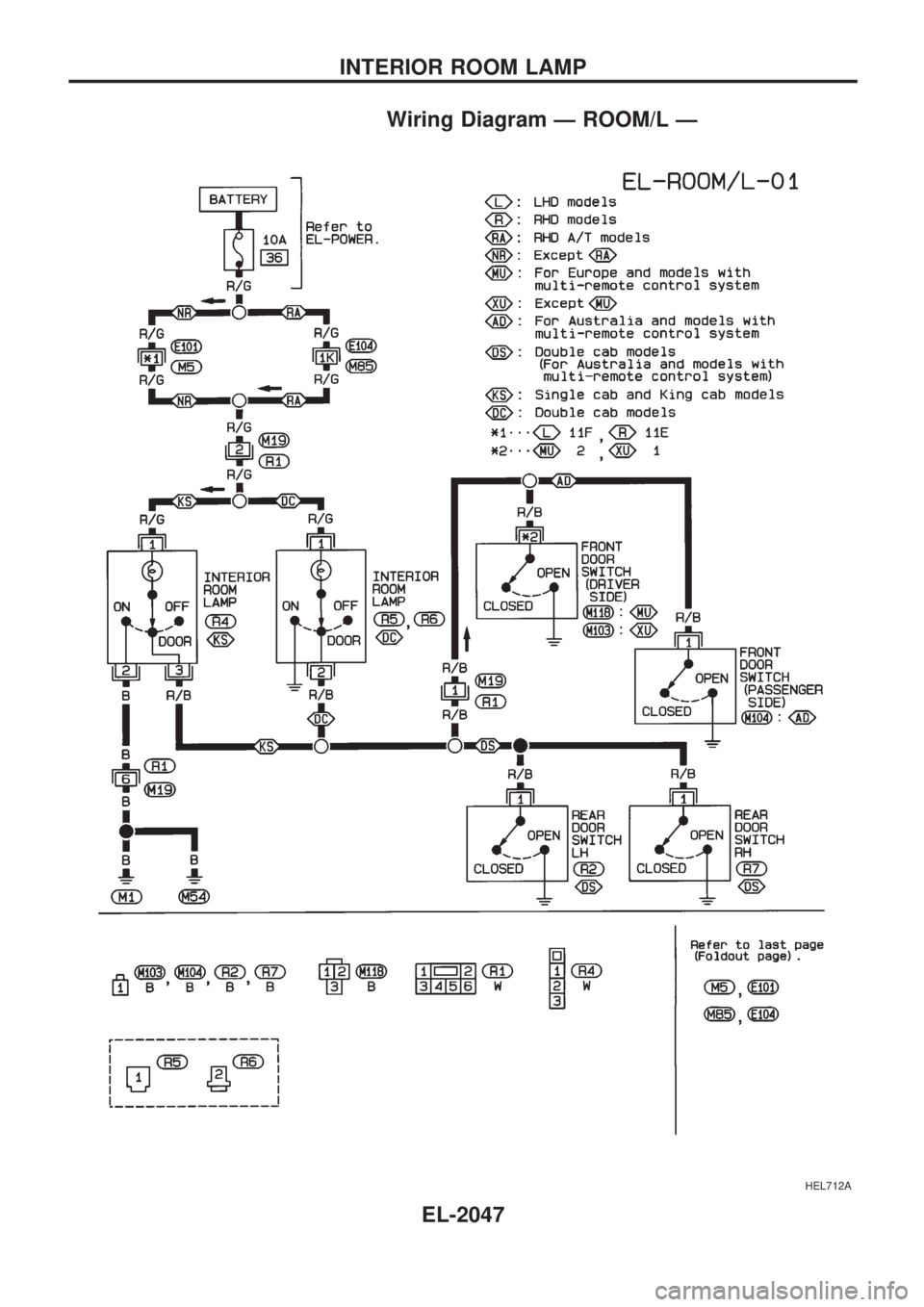 NISSAN PICK-UP 1999  Repair Manual Wiring Diagram Ð ROOM/L Ð
HEL712A
INTERIOR ROOM LAMP
EL-2047 